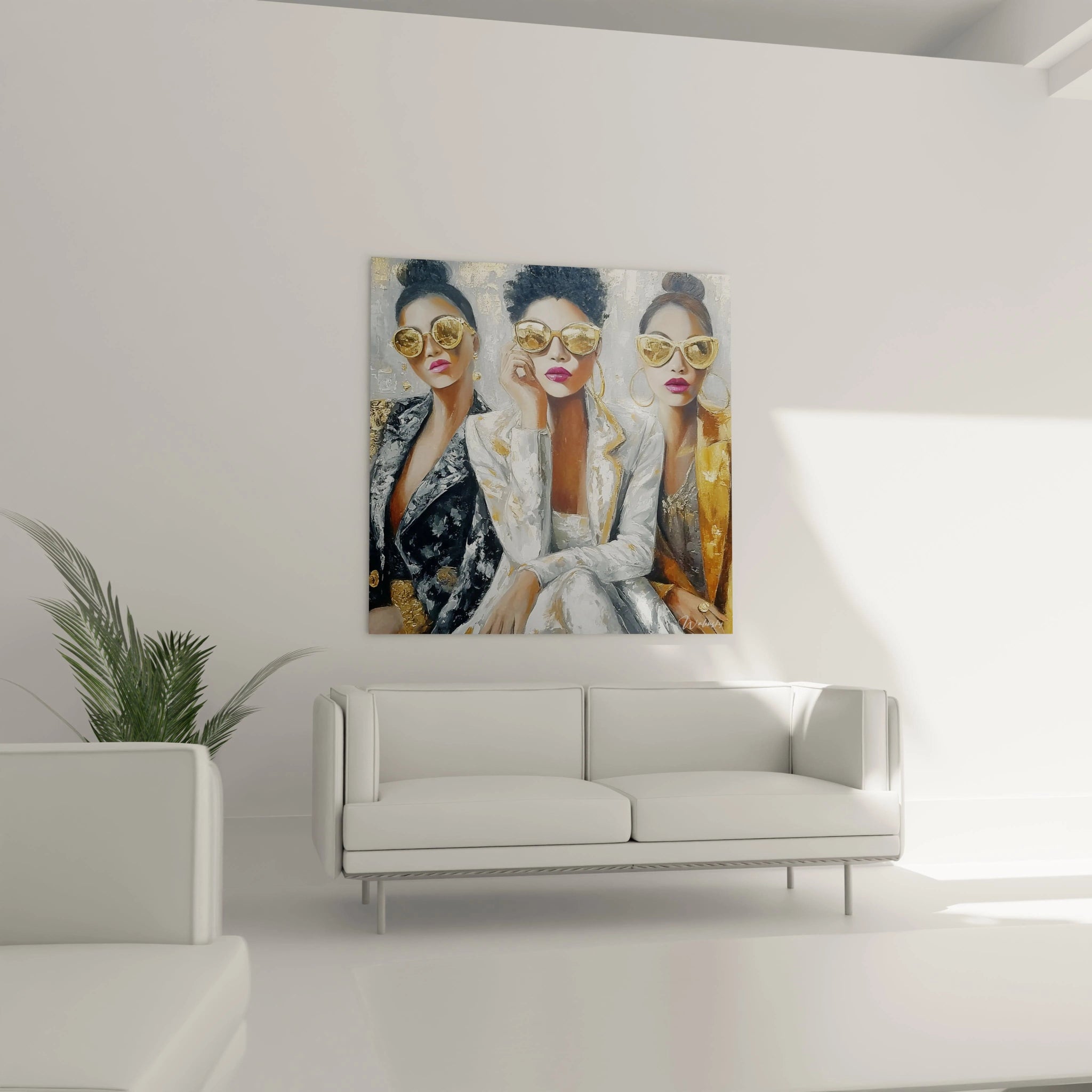 Tableau femme moderne streetwear avec trois femmes stylées portant des lunettes de soleil dans un décor contemporain