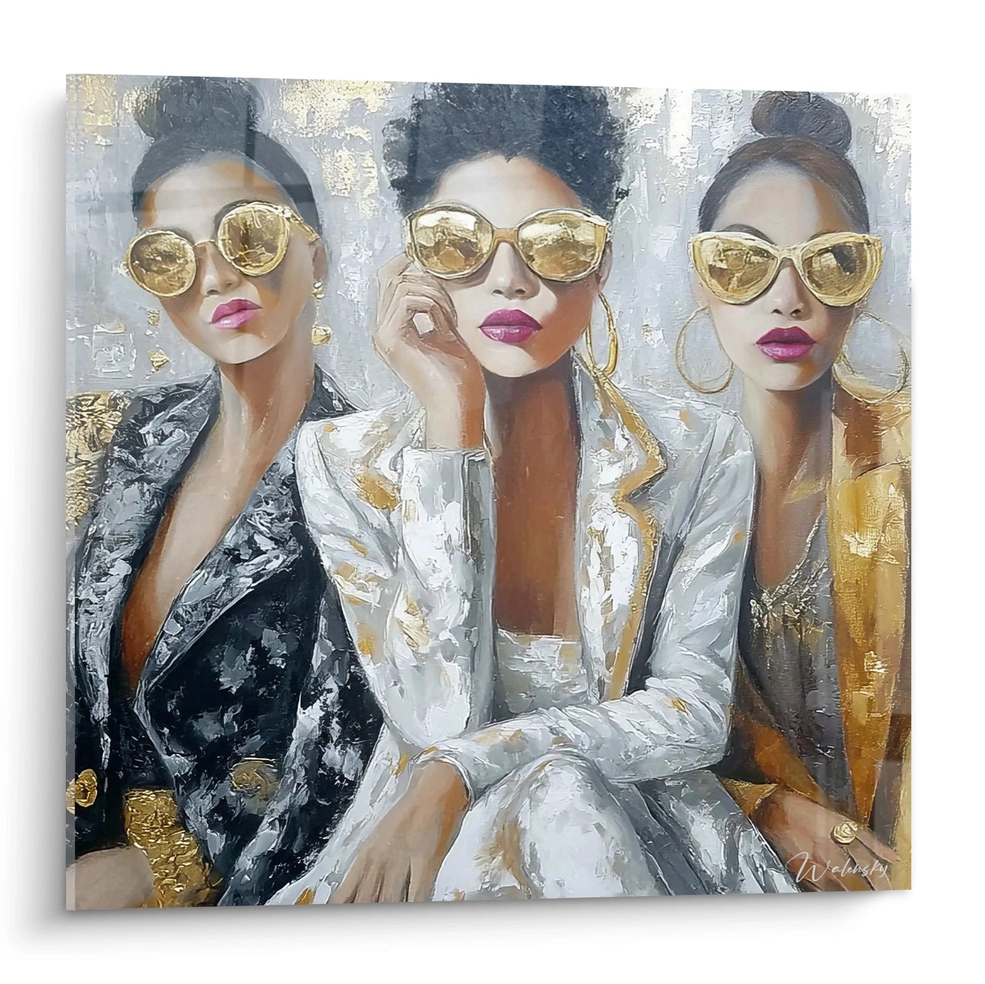 Tableau femme moderne streetwear avec trois femmes stylées portant des lunettes de soleil et des vêtements élégants