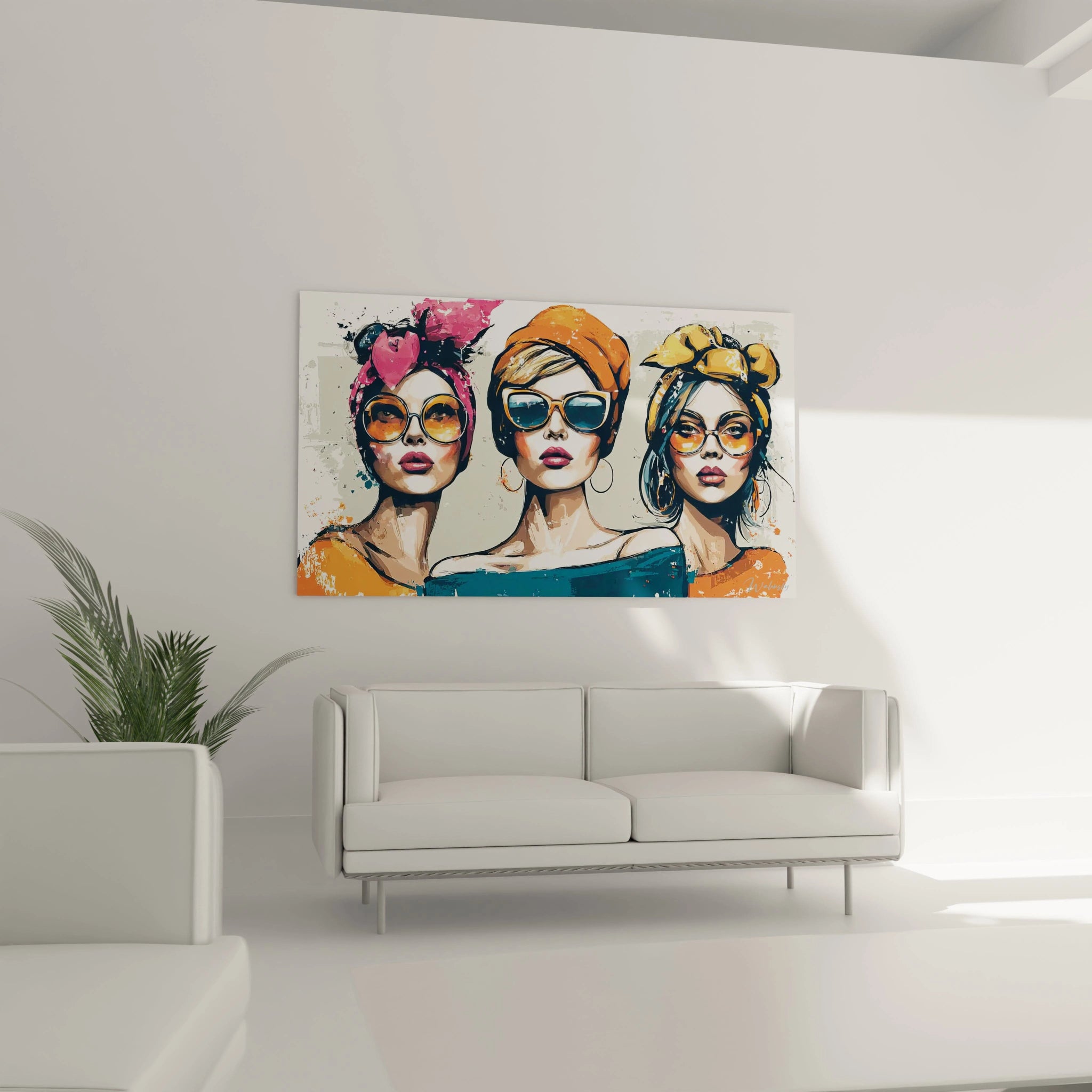 Tableau femme rétro moderne avec trois portraits artistiques de femmes élégantes sur un mur blanc