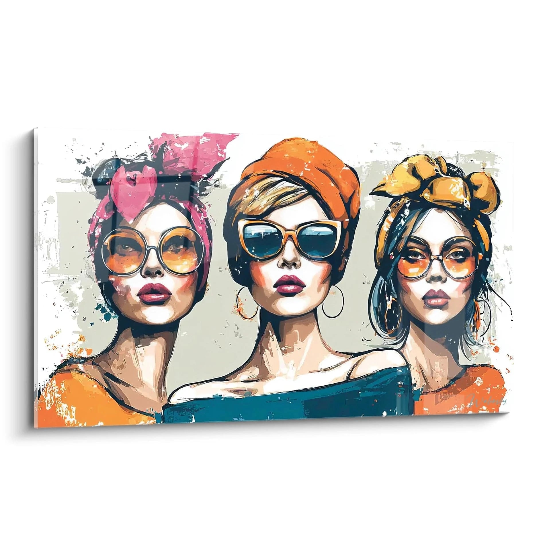 Tableau mural femme rétro moderne avec trois femmes stylées portant des lunettes et des foulards colorés