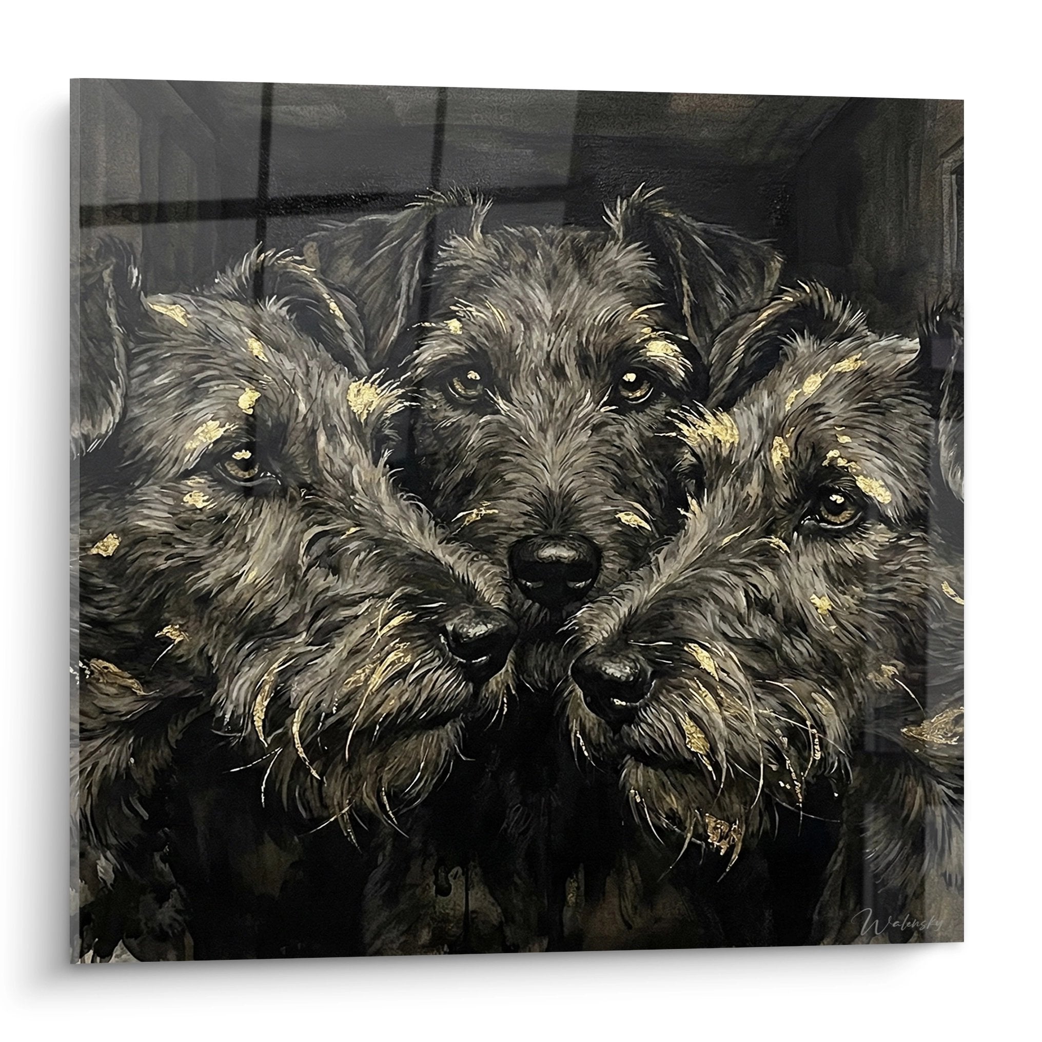 Tableau artistique trio fox terriers pelage gris reflets dores complicite canine fond neutre