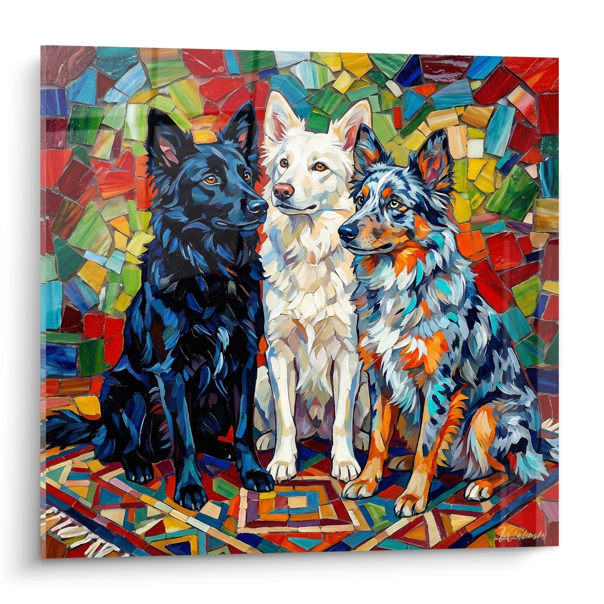 Colorful mosaic artwork featuring three Mudi dogs with black, white and merle coats on a multicolored background