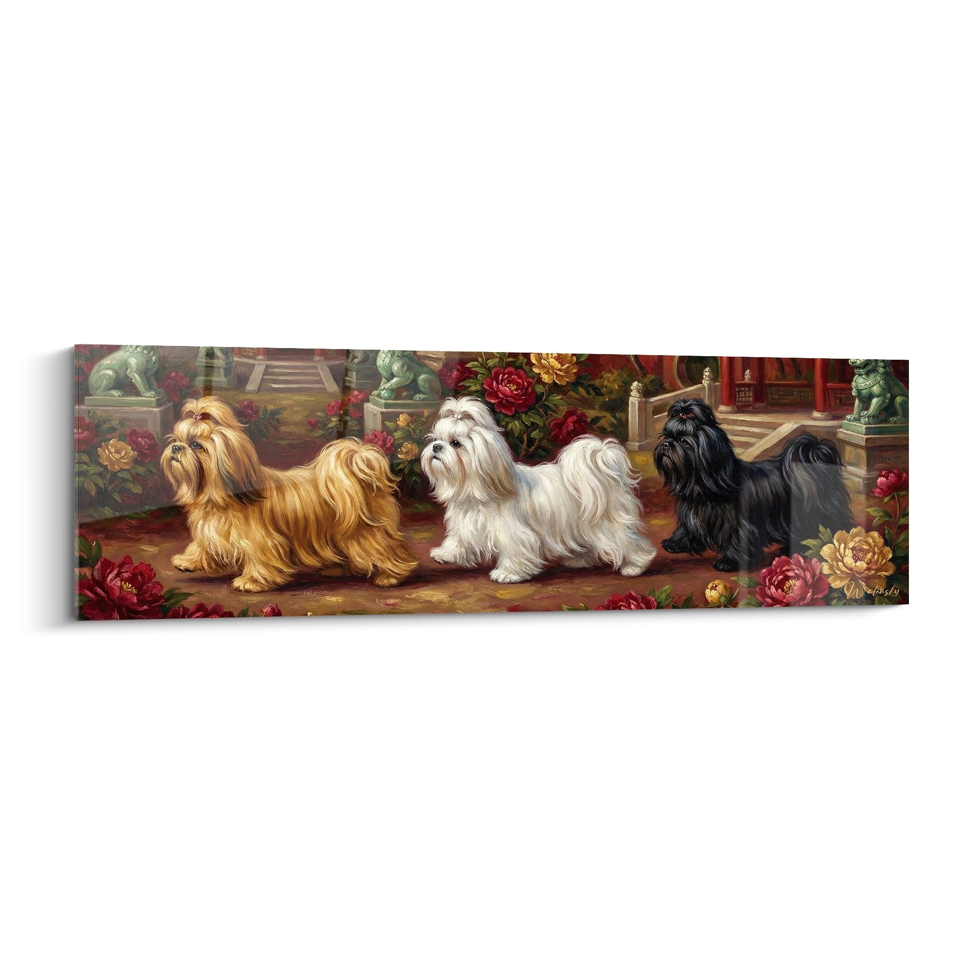 Tableau trio de Shih Tzu aux pelages doré blanc et noir posant sur tapis fleuri avec roses rouges et colonnes marbre