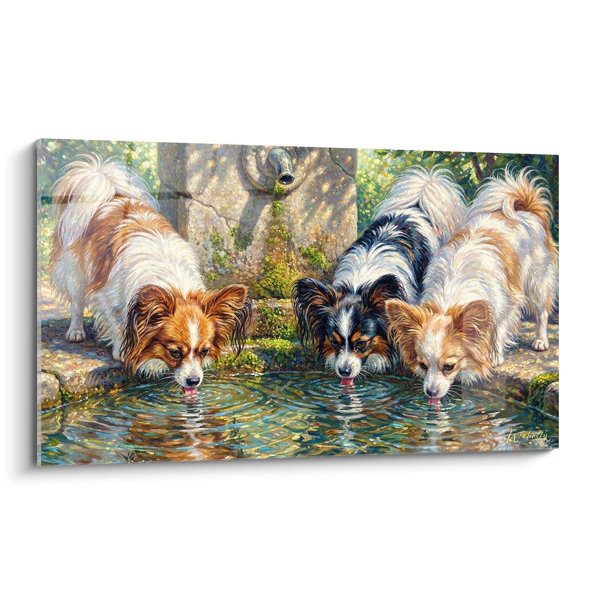 Trois chiens Papillon buvant ensemble à une fontaine naturelle entourée de verdure et de pierres moussues