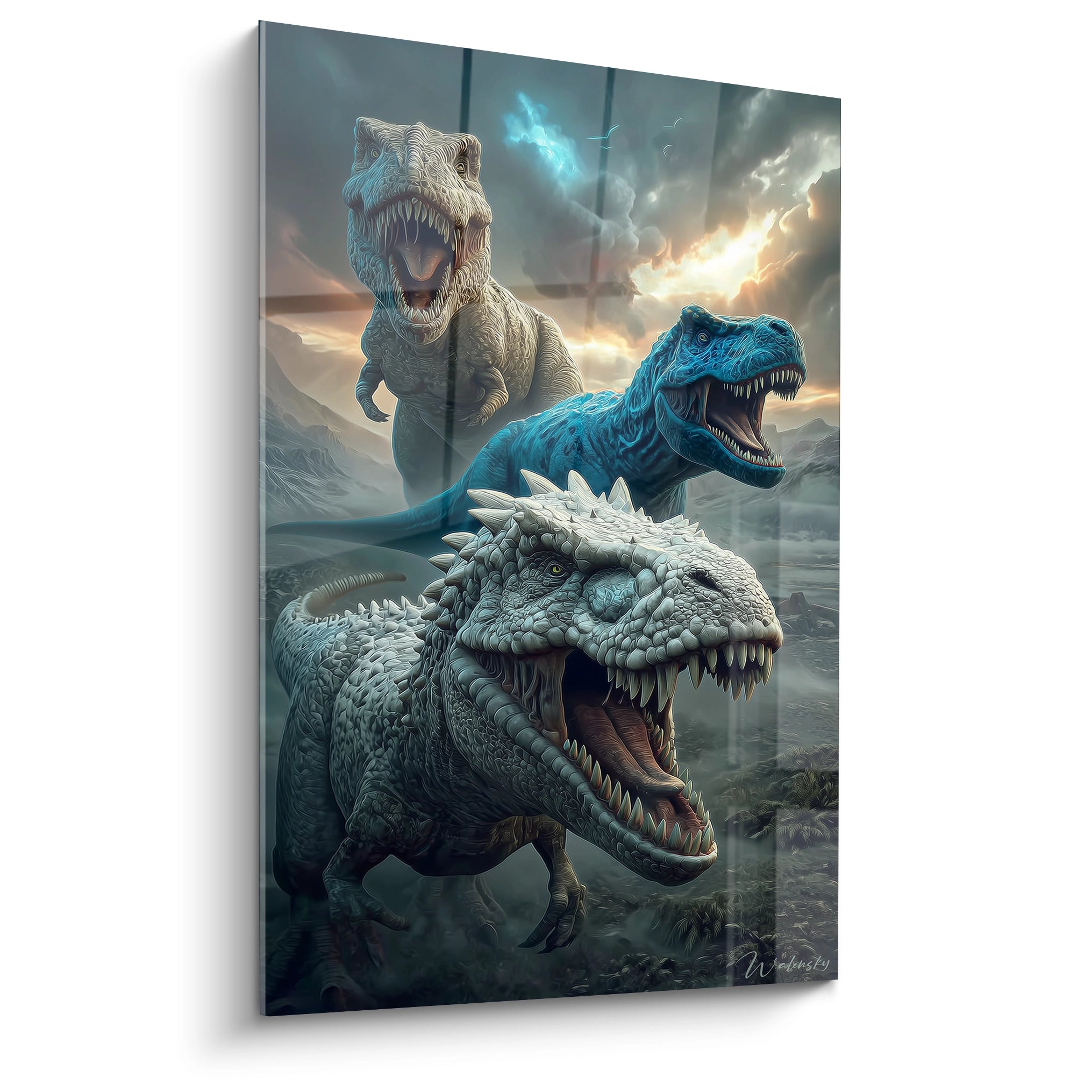 Tableau mural trois dinosaures rugissants avec tyrannosaure rex et créatures blindées dans paysage préhistorique