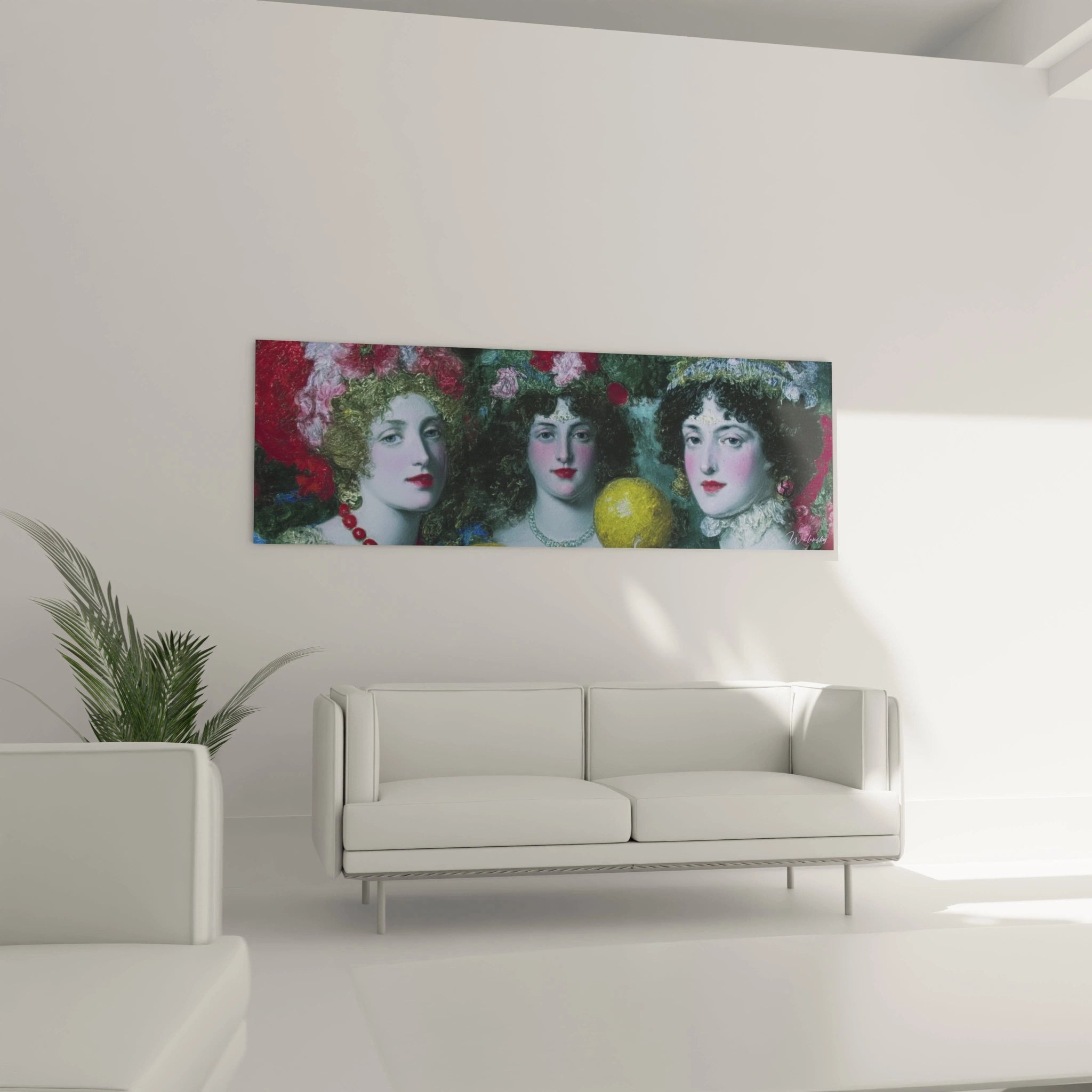 Tableau mural Walensky représentant trois femmes aux couronnes florales et couleurs vives tableau préraphaélite femmes