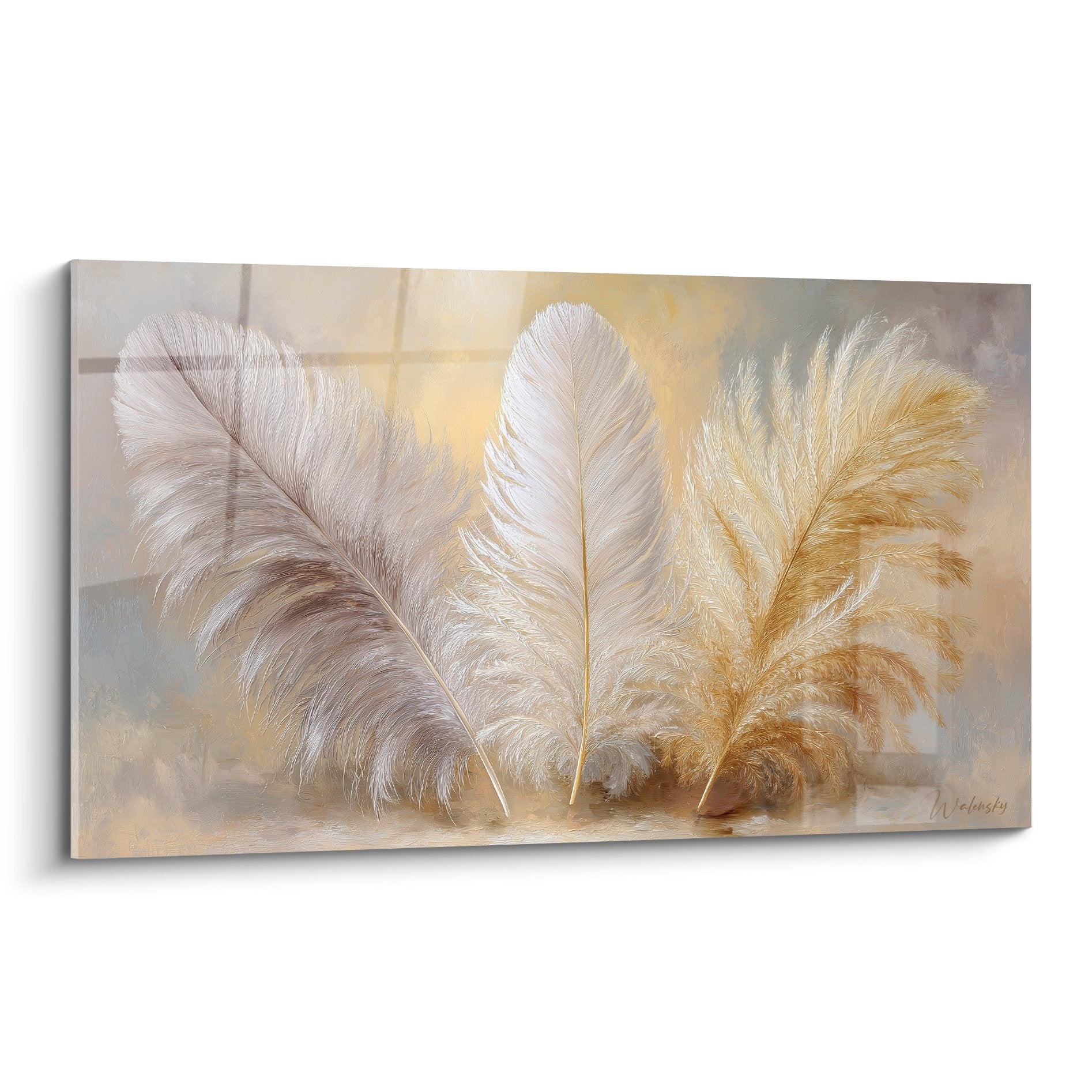 Three delicate feathers beige gold white realistic style elegant natural wall art decoration