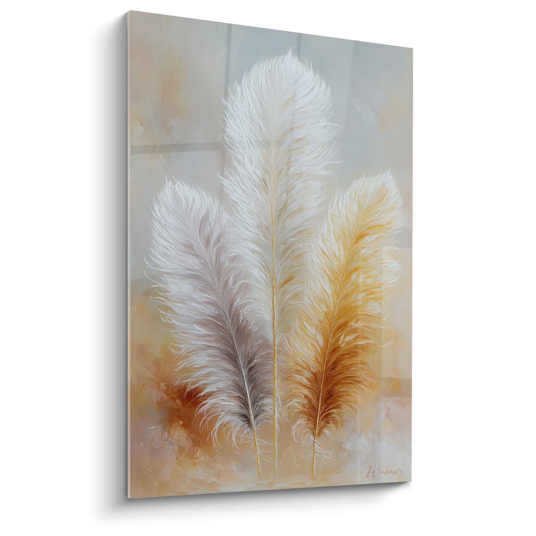 Wall art three white feathers in gold copper tones on powder beige background art deco natural