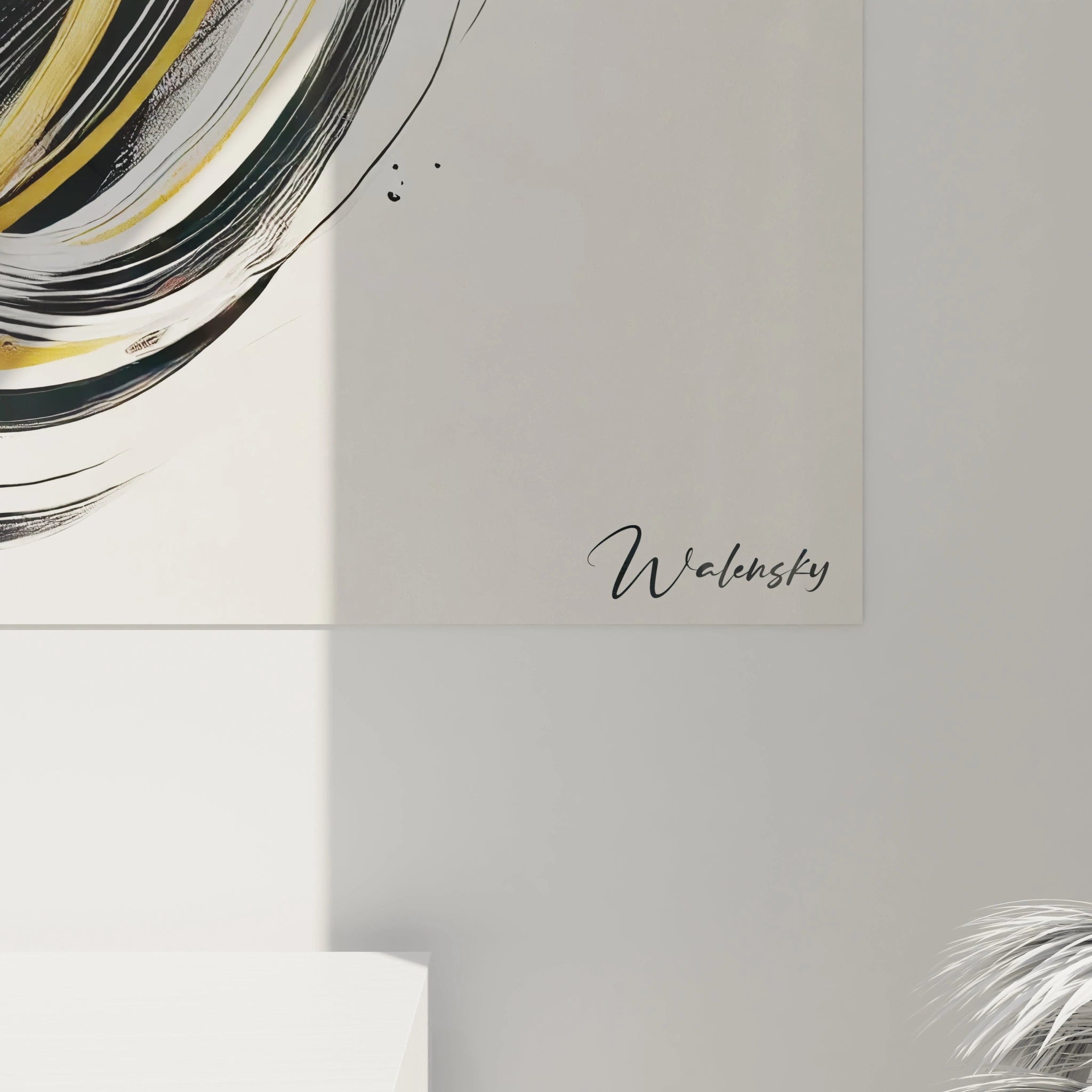 DĂ©tail graphique dâun tableau musique abstrait, avec des Ă©clats dorĂ©s et des lignes fluides exprimant les vibrations sonores.