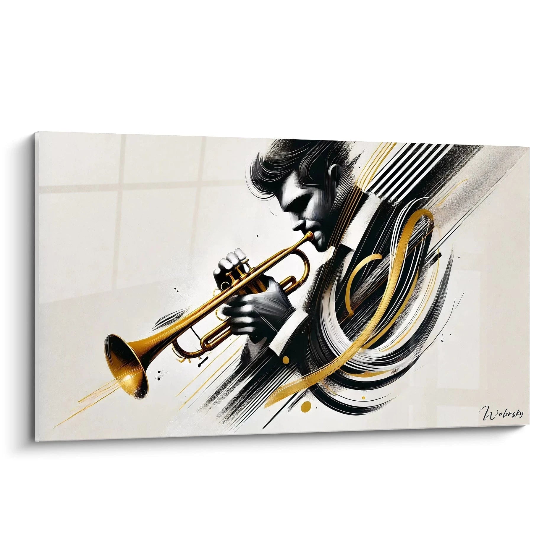 Un musicien jouant de la clarinette dans un tableau musique abstrait, entouré de textures dorées et fluides.