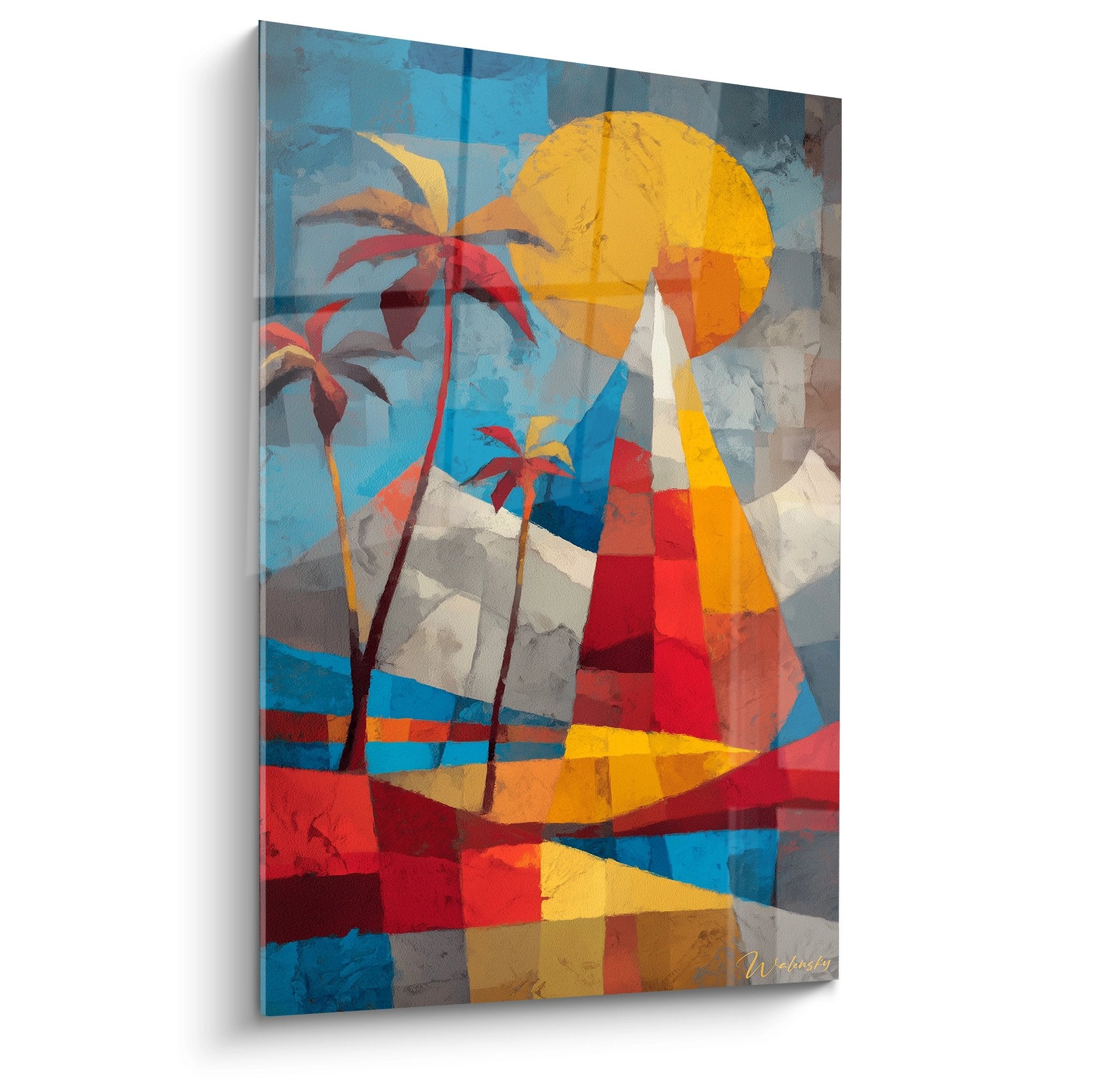 Tableau tropical abstrait avec palmiers géométriques, soleil et voilier dans style cubiste coloré