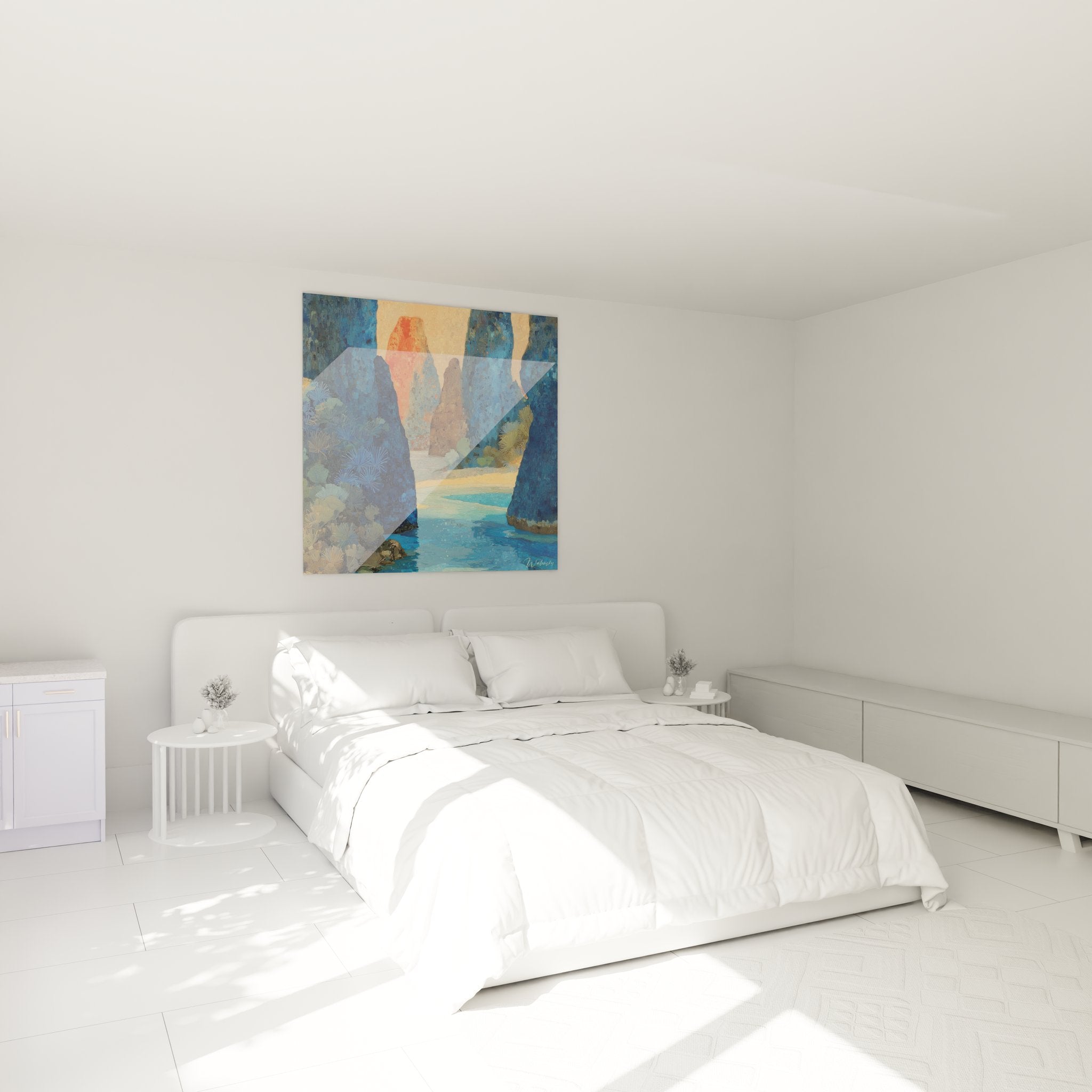 Ambiance chambre tableau tropical lagune bleue décoration murale îles paradis