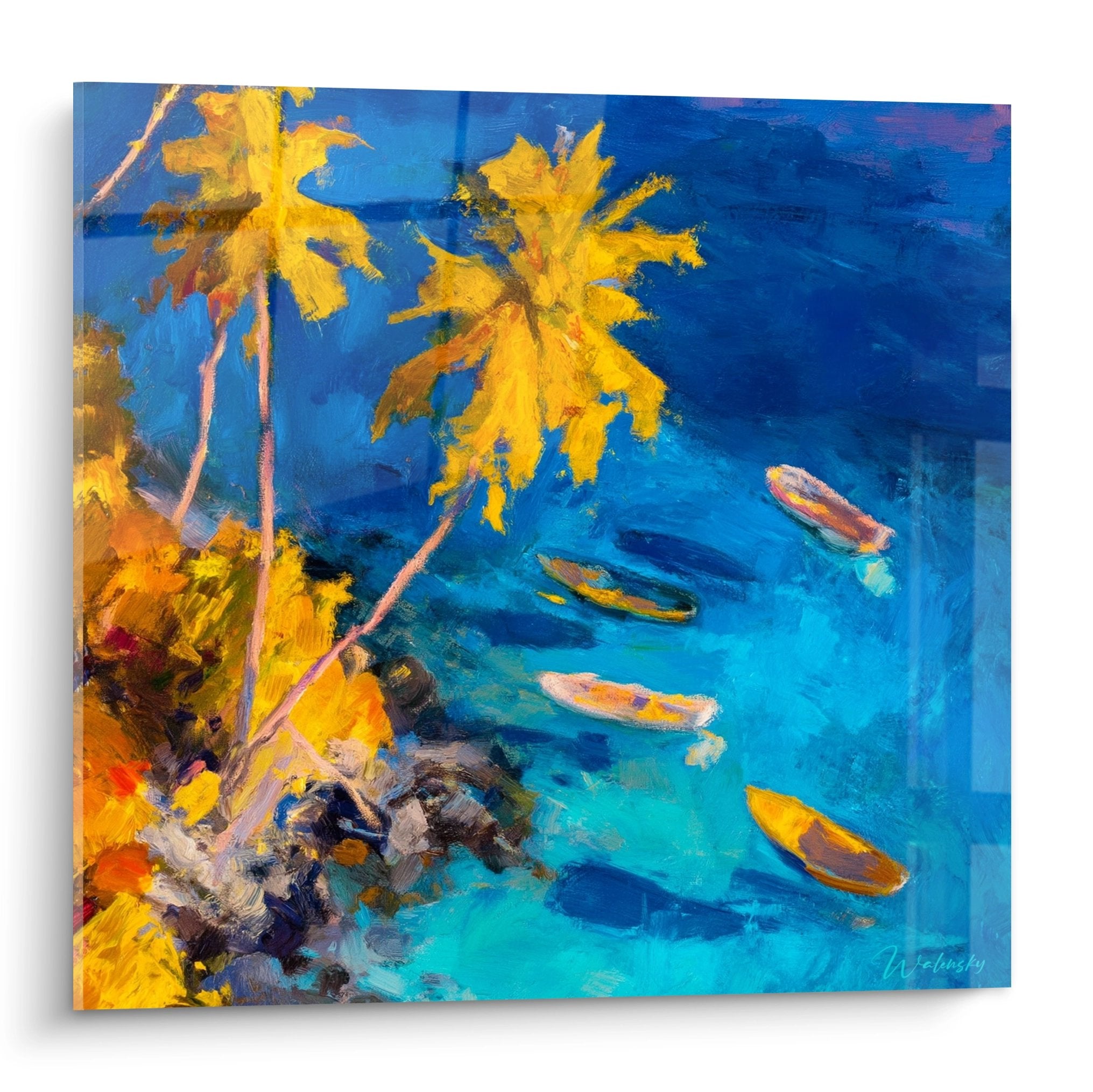 Tableau tropical palmiers dorés et barques colorées sur eaux turquoise archipel paradisiaque