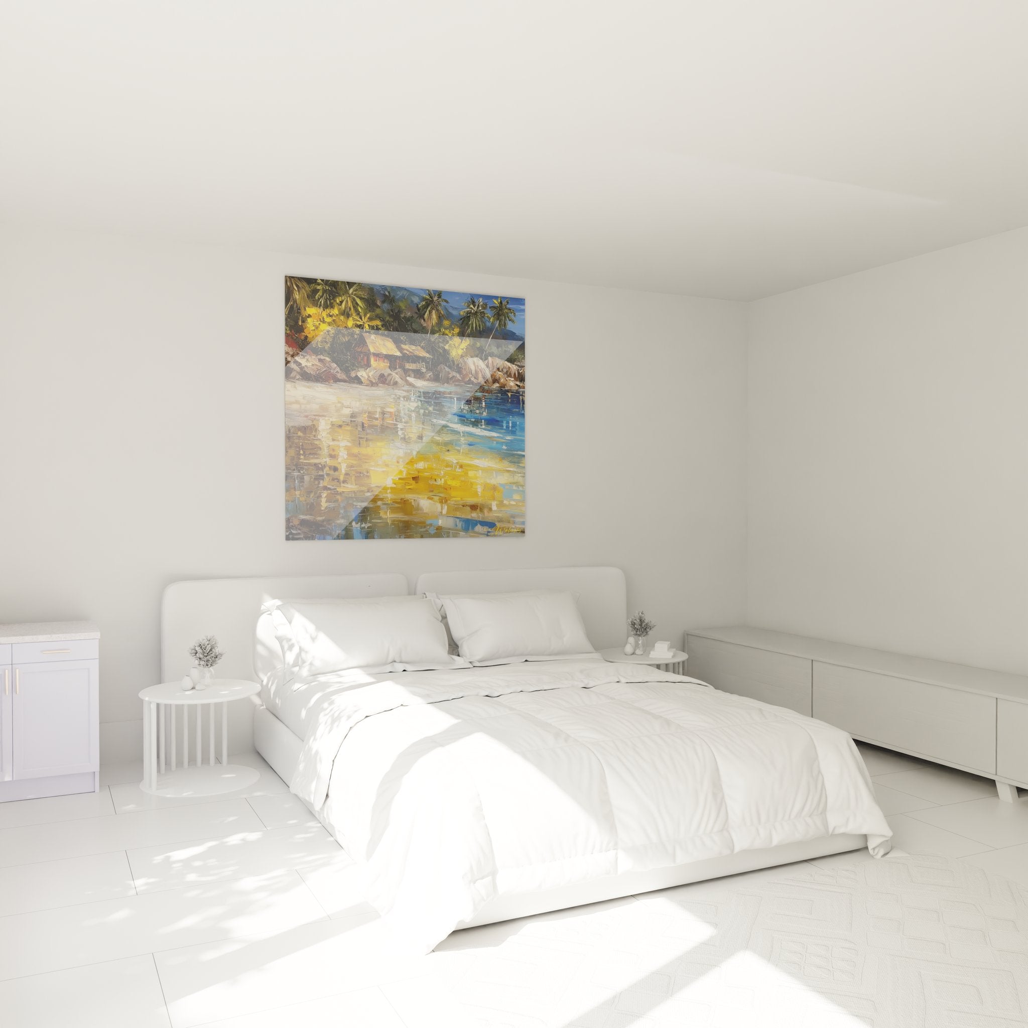 Ambiance chambre avec tableau village tropical reflets dorés décoration murale plage