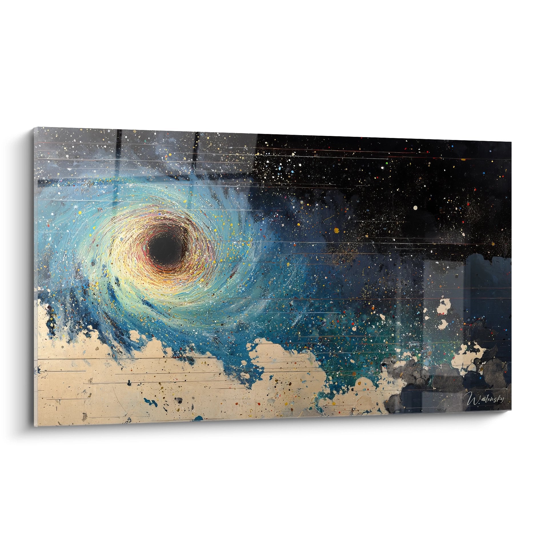 Tableau mural trou noir cosmique avec spirale bleue et étoiles dorées sur fond spatial