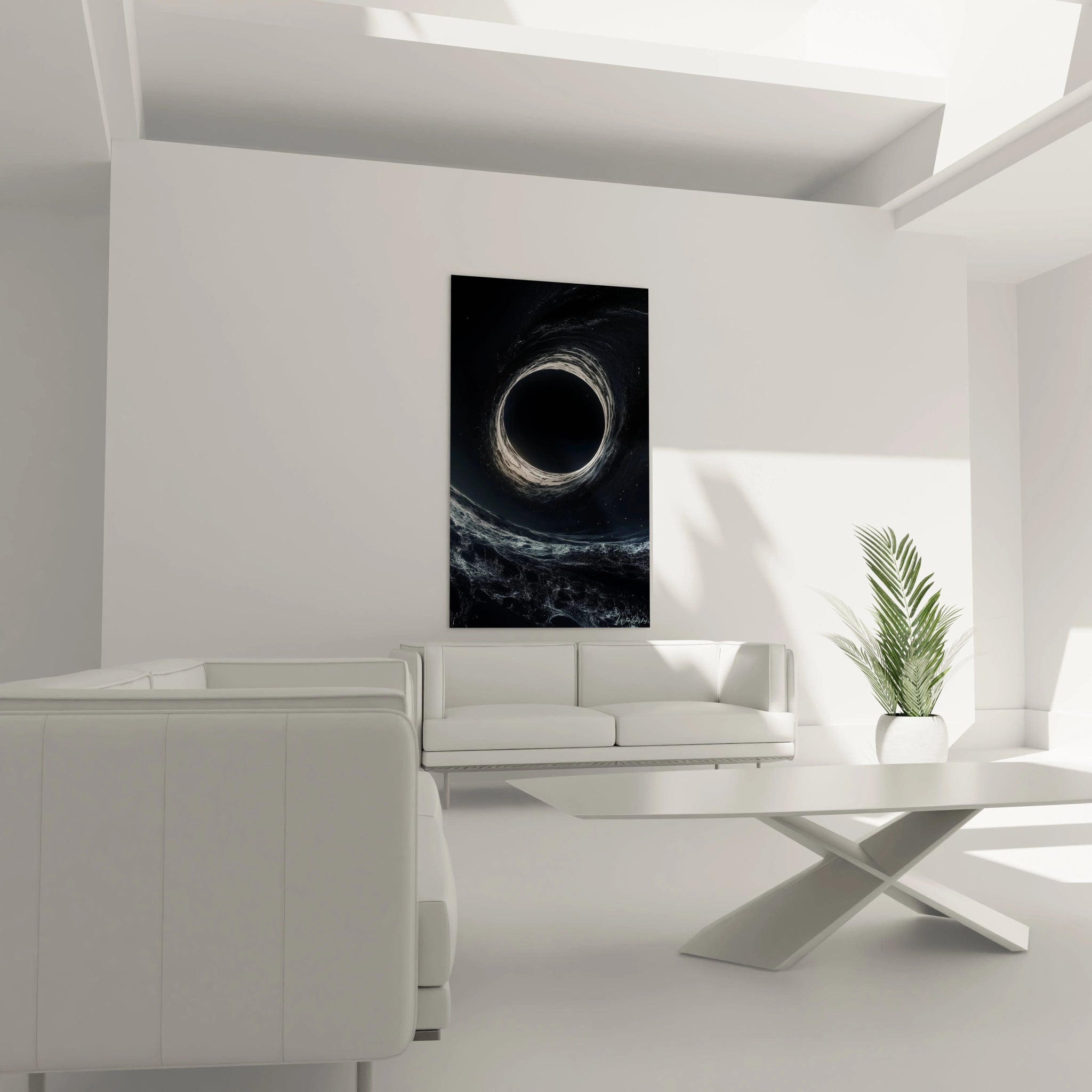 Un tableau espace mettant en scène un horizon incurvé et un vide central sombre. Nuances de noir et blanc avec des textures ondulées, créant un contraste visuel marqué entre obscurité et lumière.