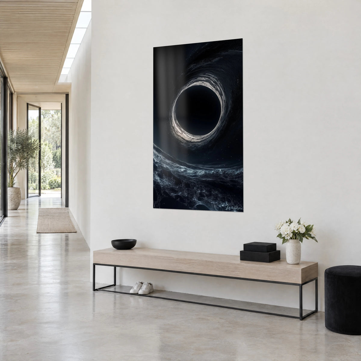 Cuadro singularidad oscura ceñida por un anillo crema, espuma azul grisácea abajo, vista de tres cuartos en una casa de arquitecto