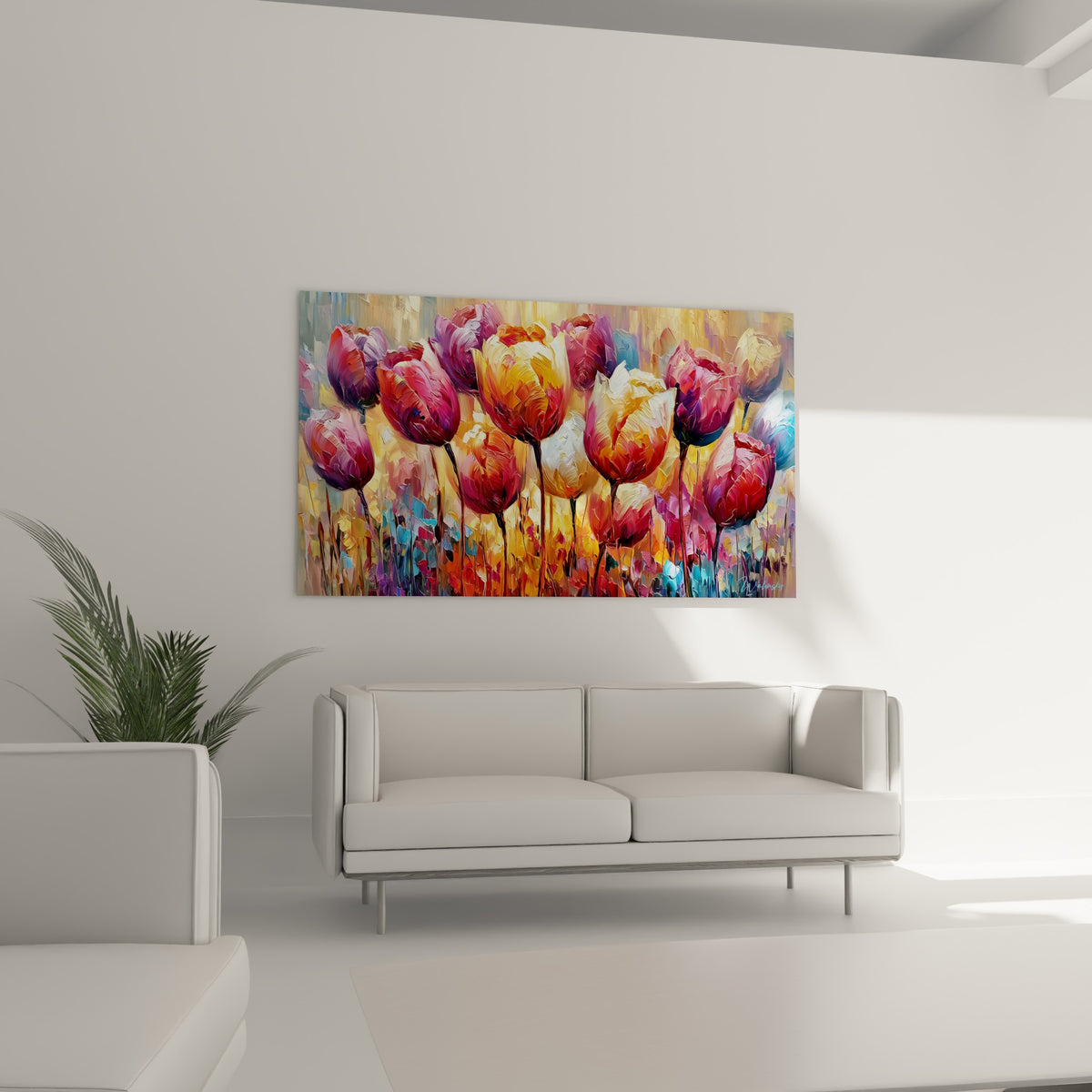 Tulipes ambrées et fuchsia au feuillage turquoise vibrant, disposées au-dessus d'un canapé dans un salon lumineux