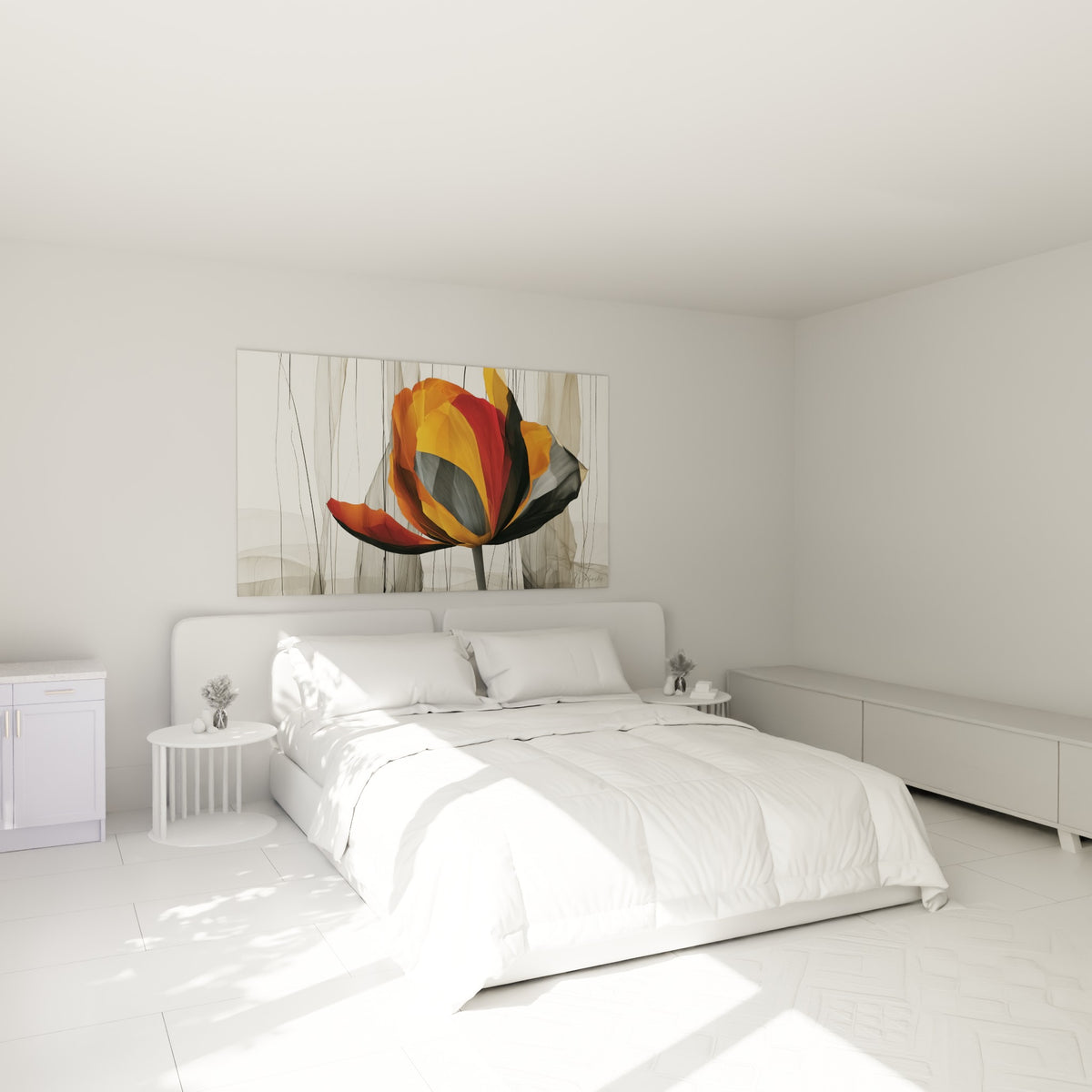 Pétales orange et anthracite d'une tulipe graphique surplombent un lit dans une chambre claire