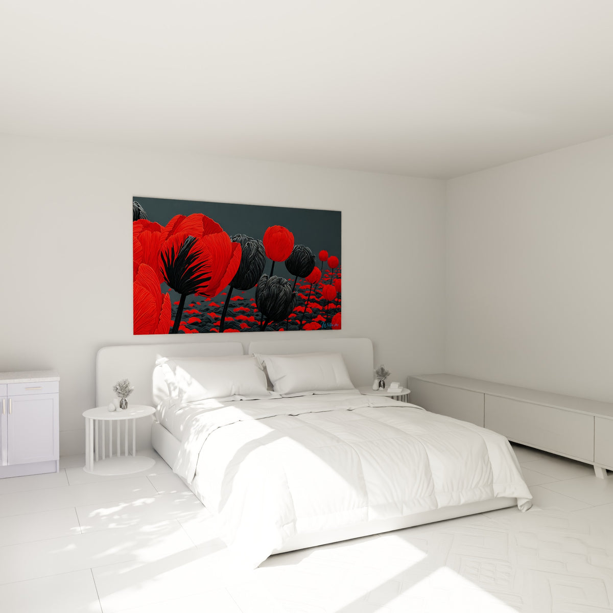 Tulipes rouges et noires en champ dense trônent au-dessus d'un lit dans une chambre claire.