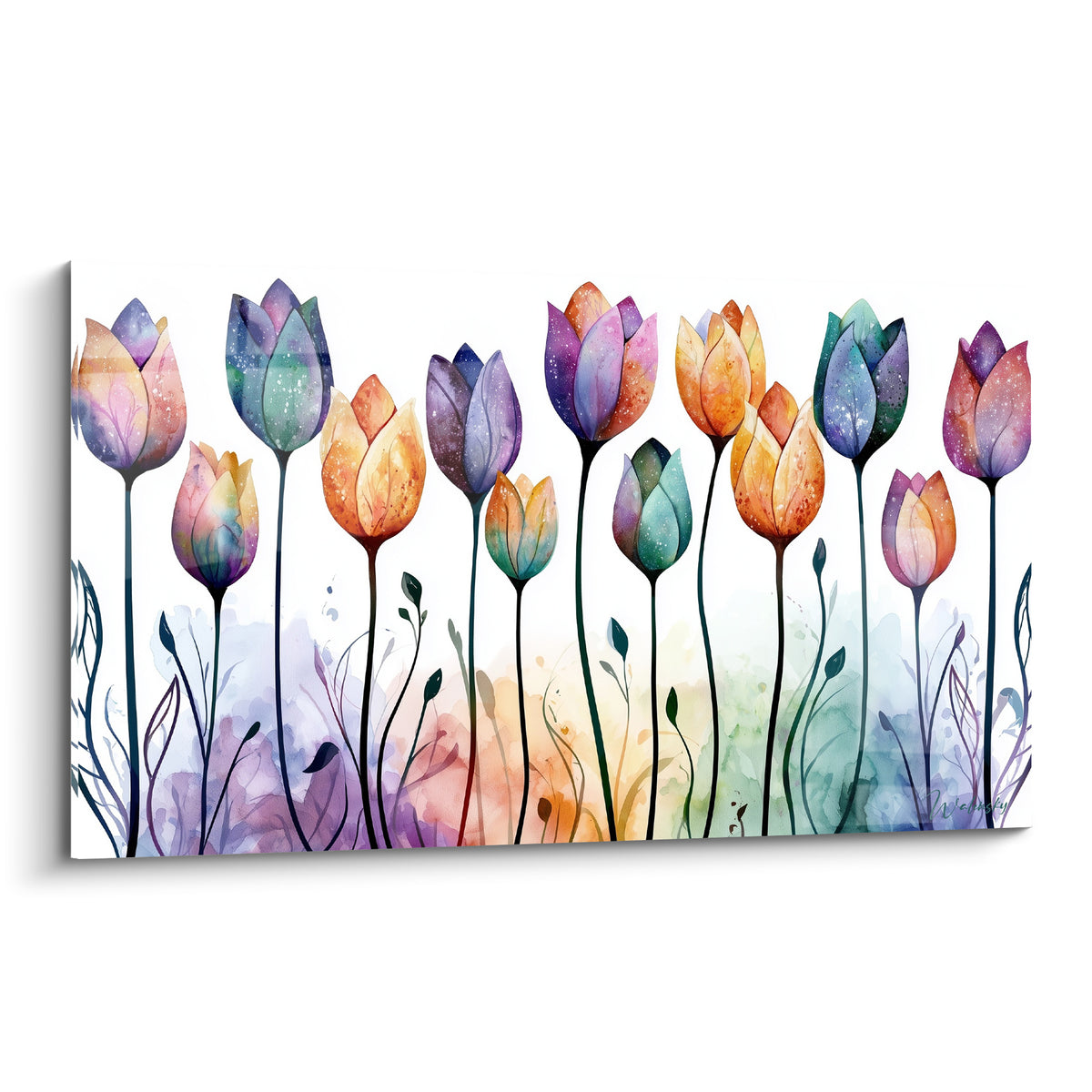 Tulipes multicolores en aquarelle, pétales violet et orange sur tiges noires effilées