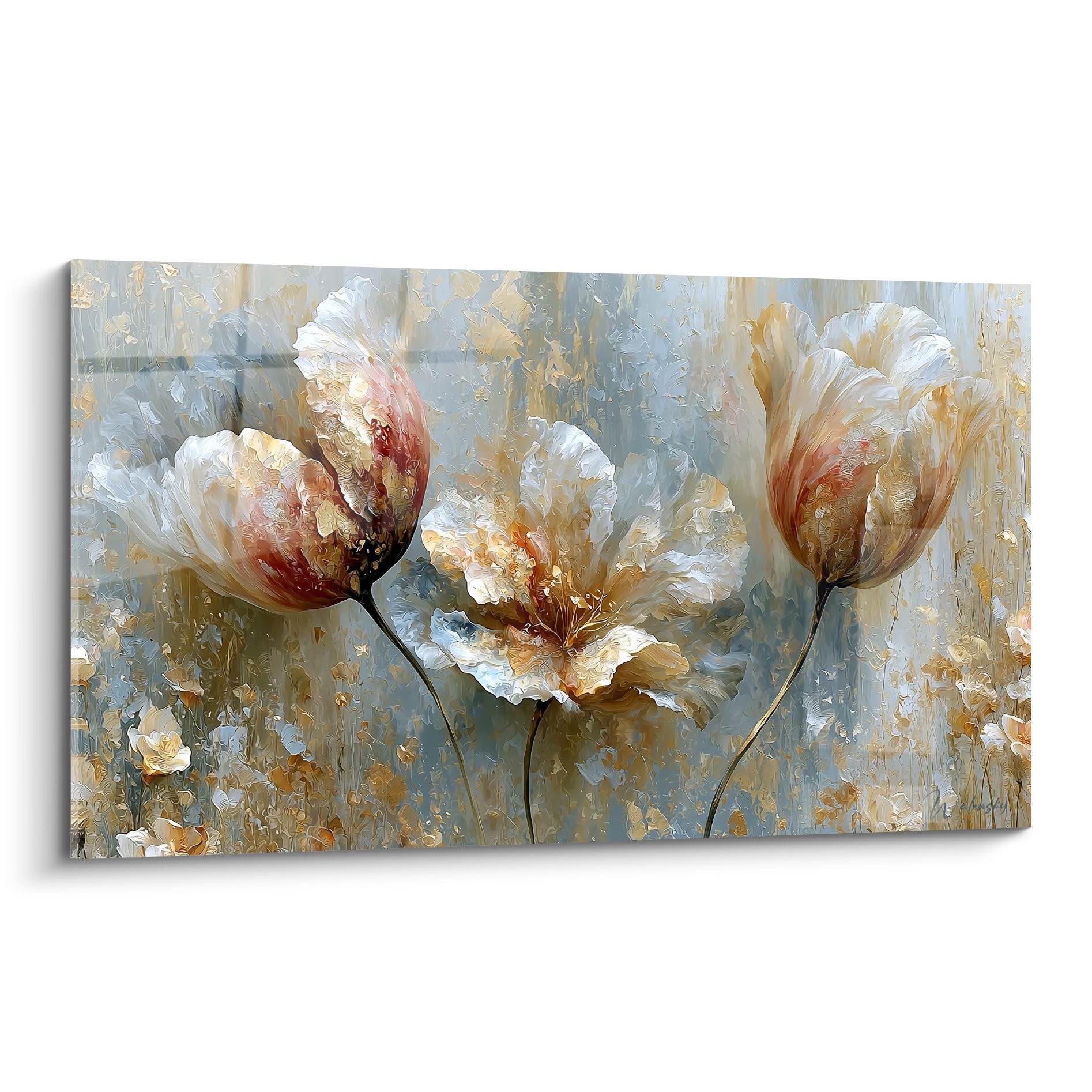 Trois tulipes blanches aux nuances dorées et terracotta sur fond bleu gris texturé