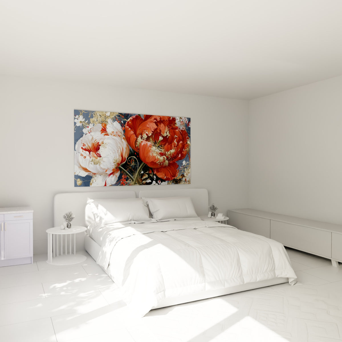 Bouquet de tulipe orangé et blanche doré, accroché au-dessus d'un lit dans une chambre claire