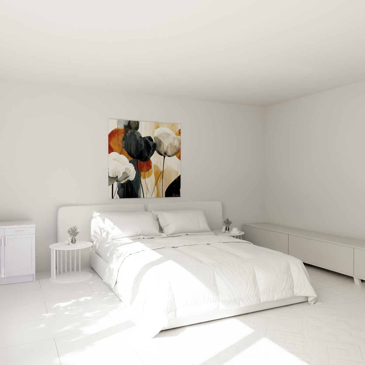 Tulipes grises et terracotta illuminent le mur au-dessus d'un lit dans une chambre claire