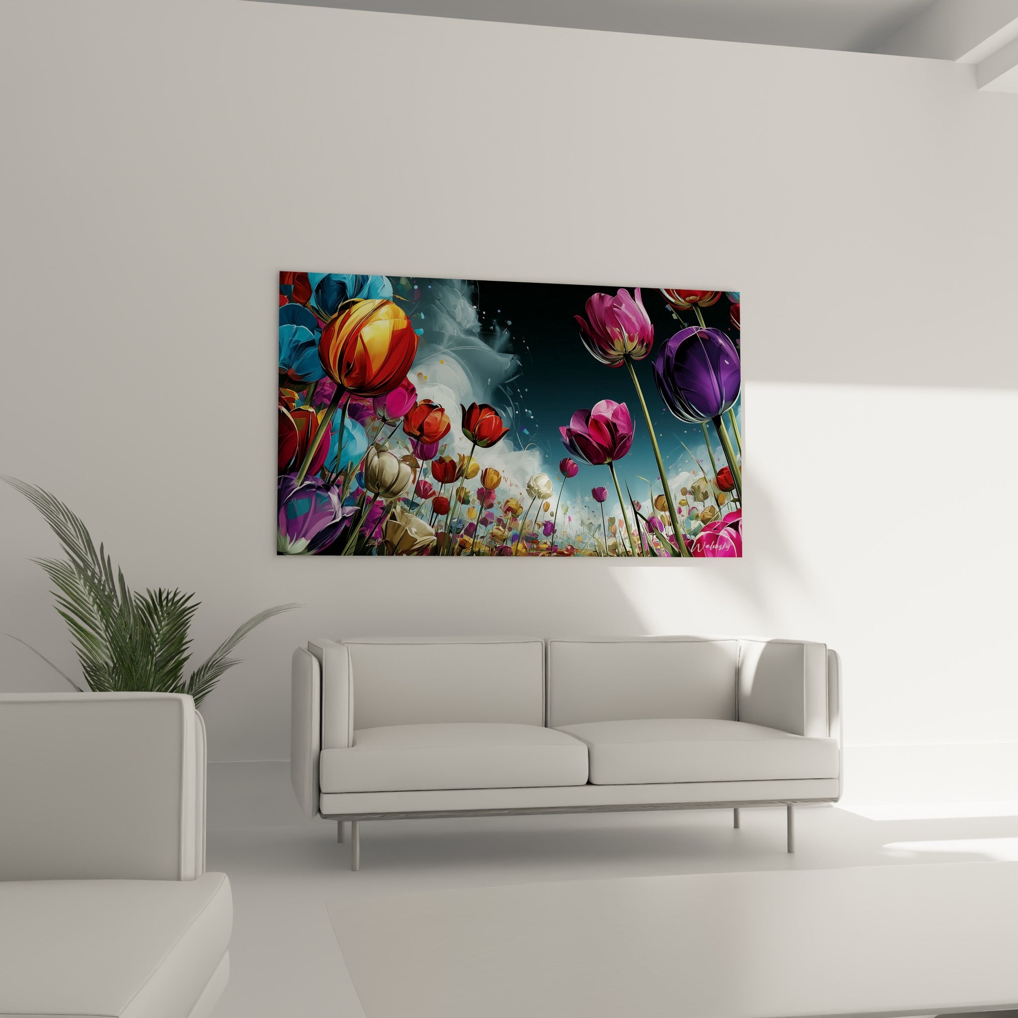 Bouquet de tulipes bleu ciel et rouge carmin en perspective, au-dessus d'un canapé dans un salon lumineux