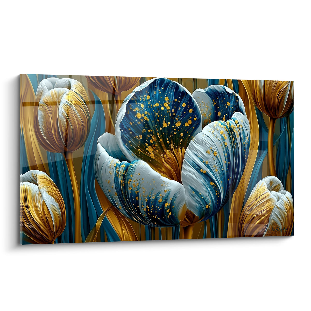 Tulipe bleu marine et dorée aux pétales mouchetés, composition florale dense sur fond ocre.