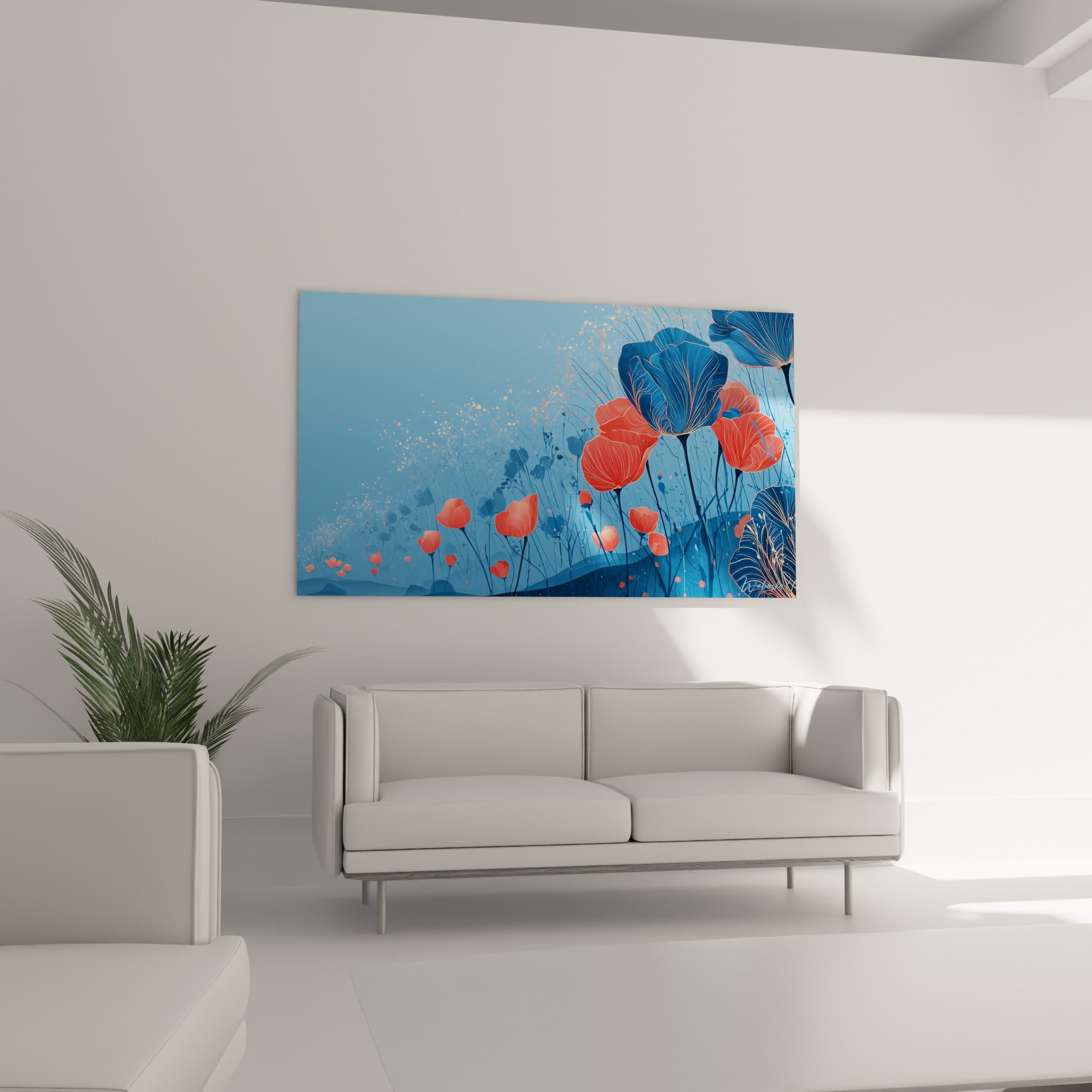 Fleurs de tulipes bleu marine et corail aux nervures dessinées, suspendues au-dessus d'un canapé dans un salon lumineux