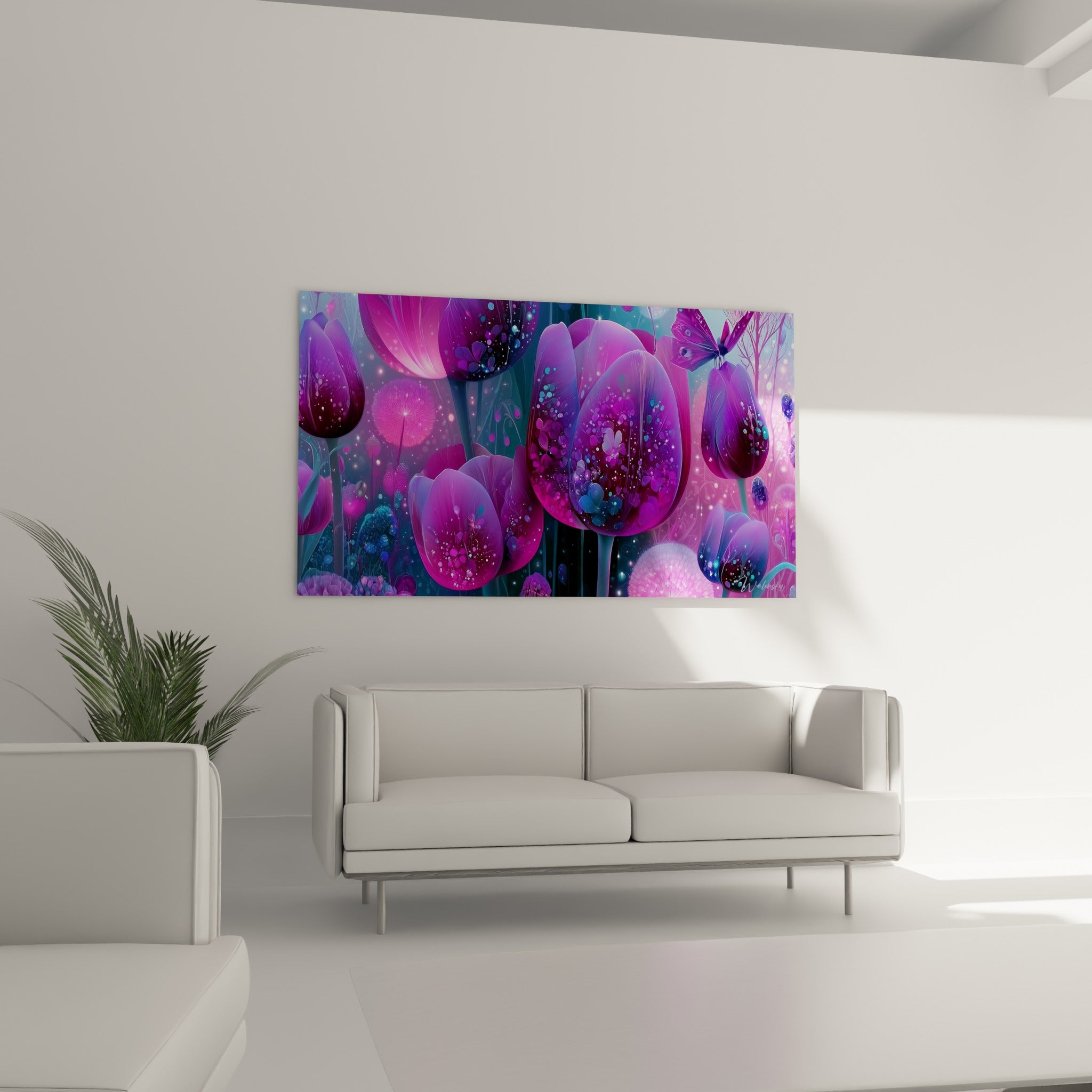 Papillon violet entre tulipes roses lumineuses au-dessus d'un canapé dans un salon lumineux