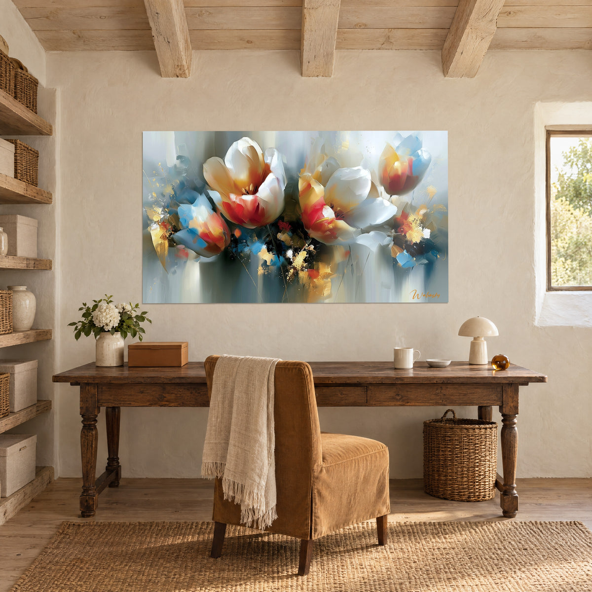 Tableau gerbe florale abstraite blanc, rouge et or sur fond gris-bleu, accroché au-dessus d'un bureau en bois avec bouquet blanc