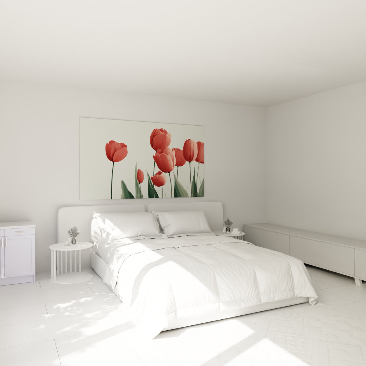 Bouquet de tulipes rouges et vertes accroché au-dessus d'un lit dans une chambre claire