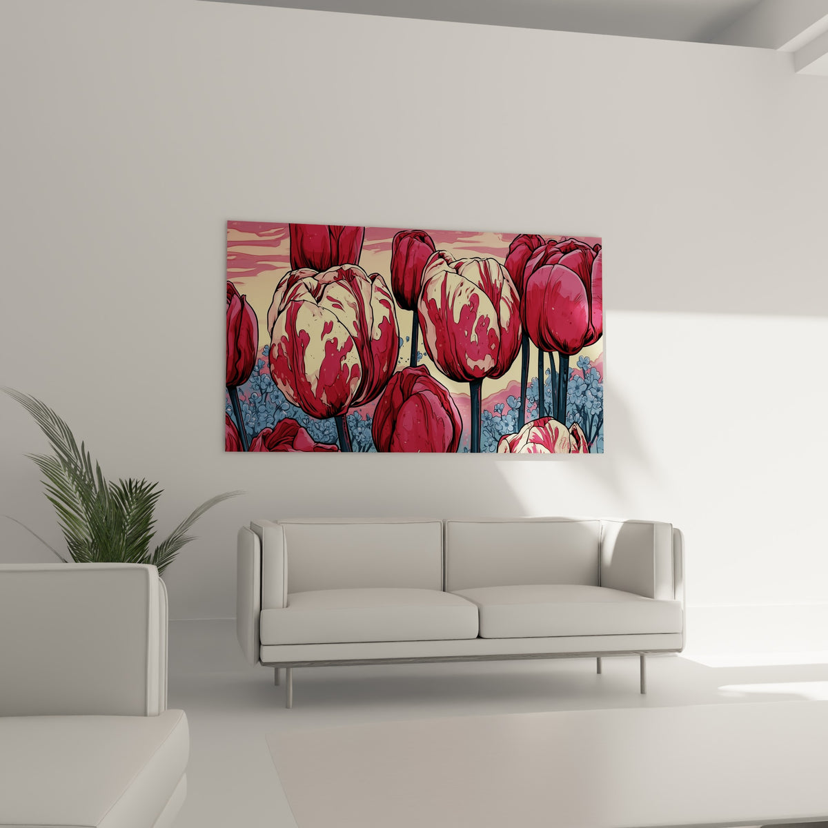 Champ de tulipes fauves et bleu pastel accroché au-dessus d'un canapé dans un salon lumineux