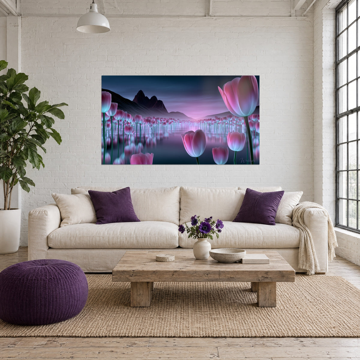 Wall art field of pink tulips reflected on a midnight-blue lake, dark mountain and violet sky, above a sofa in a bright living room