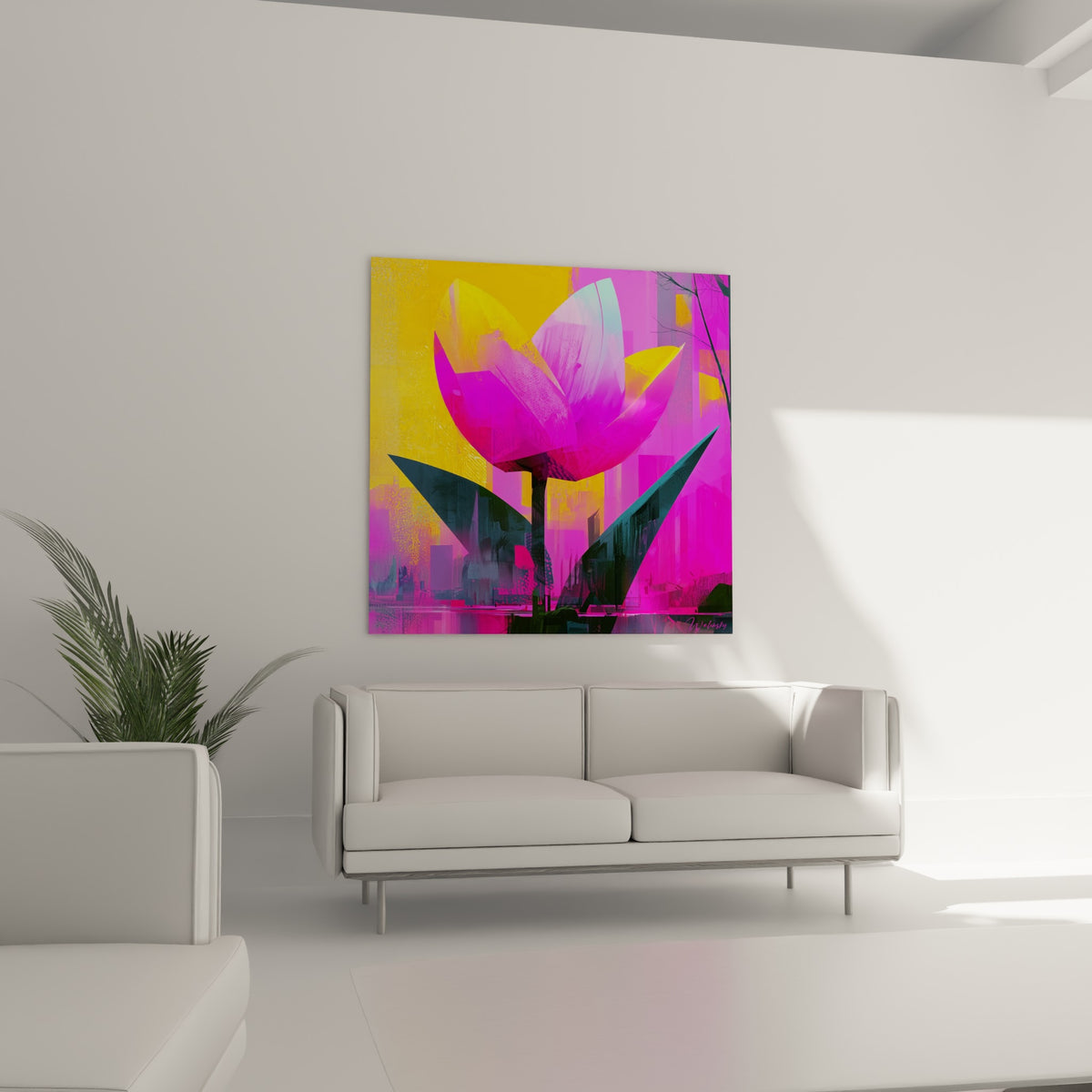 Fleur stylisée en rose et jaune vibrant disposée au-dessus d'un canapé dans un salon lumineux