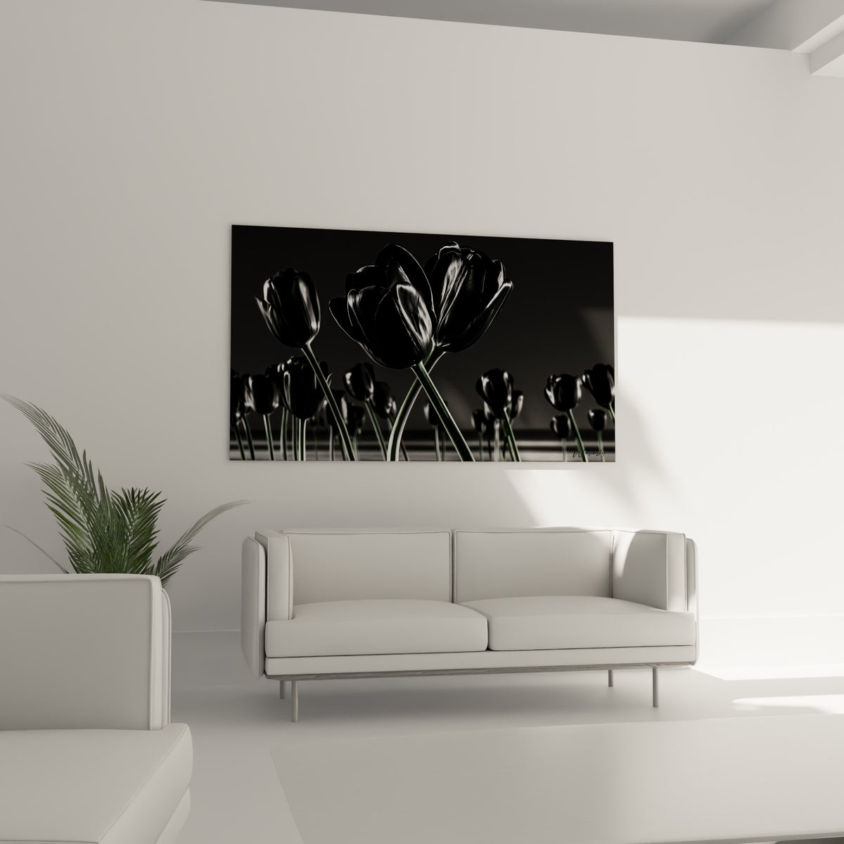 Pétales sombres et nuances de gris s'élèvent au-dessus d'un canapé dans un salon lumineux