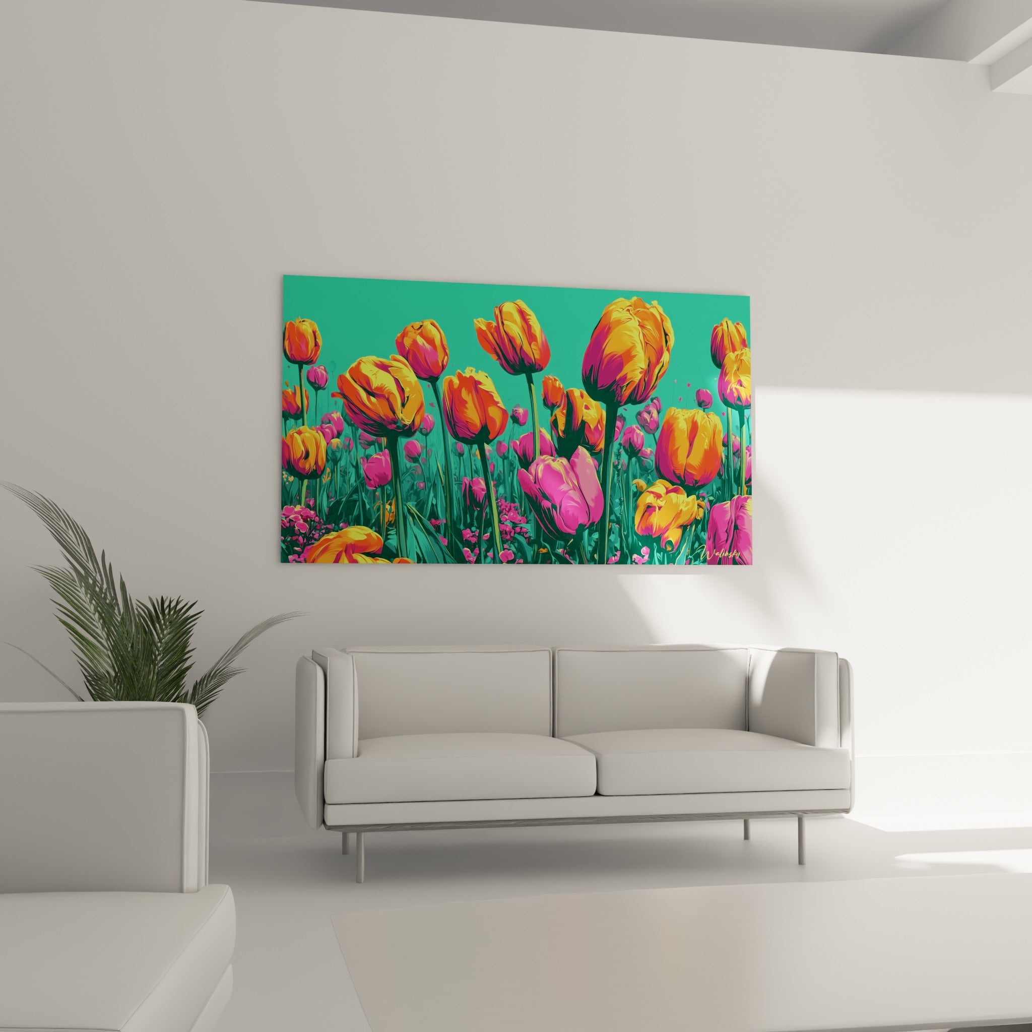 Bouquet de tulipes orange et roses en contre-jour turquoise, disposé au-dessus d'un canapé dans un salon lumineux