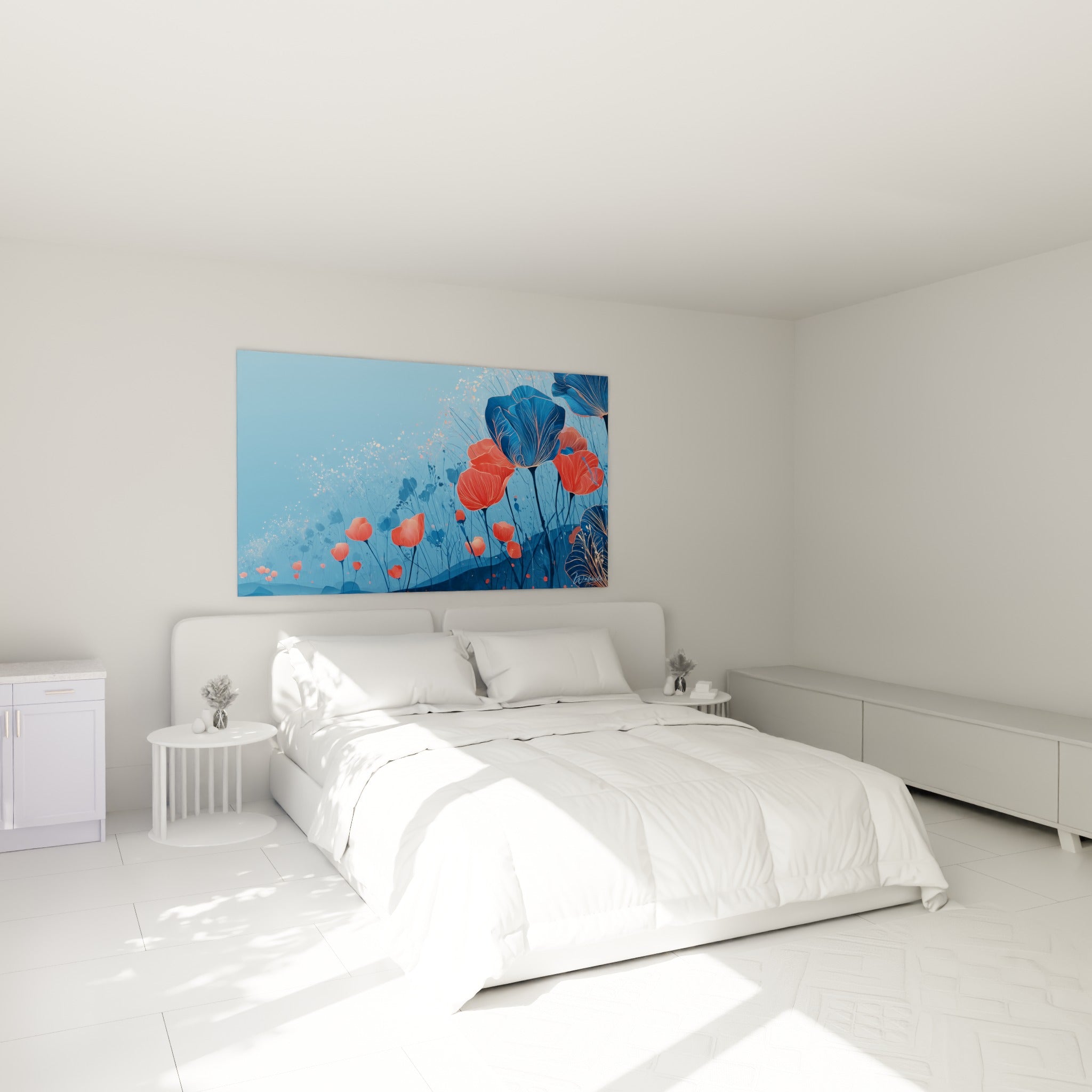 Bouquet de tulipes corail et bleu marine délicatement illustré, accroché au-dessus d'un lit dans une chambre claire