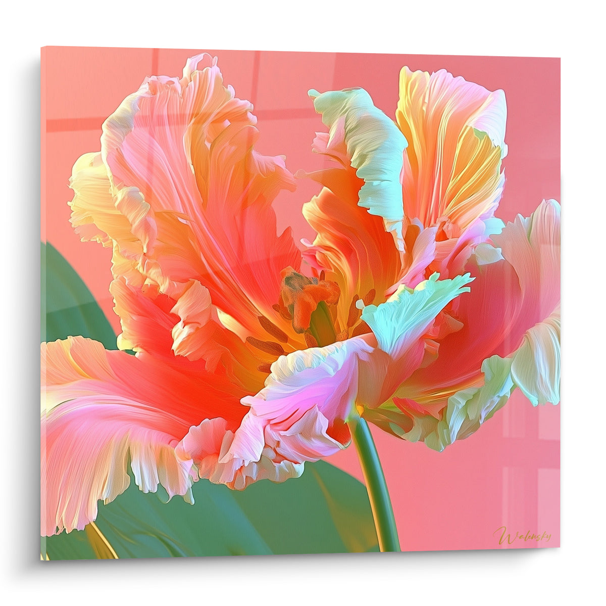 Tulipe perroquet corail et menthe aux pétales froissés sur fond rose poudré, plein cadre
