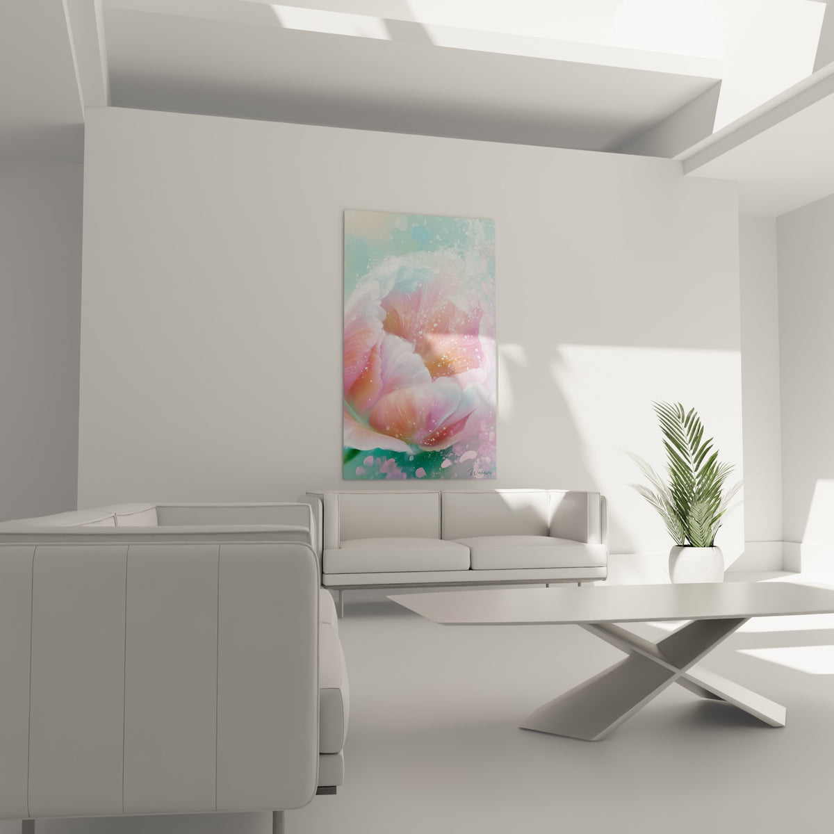 Tulipe corail et turquoise clair aux pétales ondulés accrochée au-dessus d'un canapé dans un salon lumineux