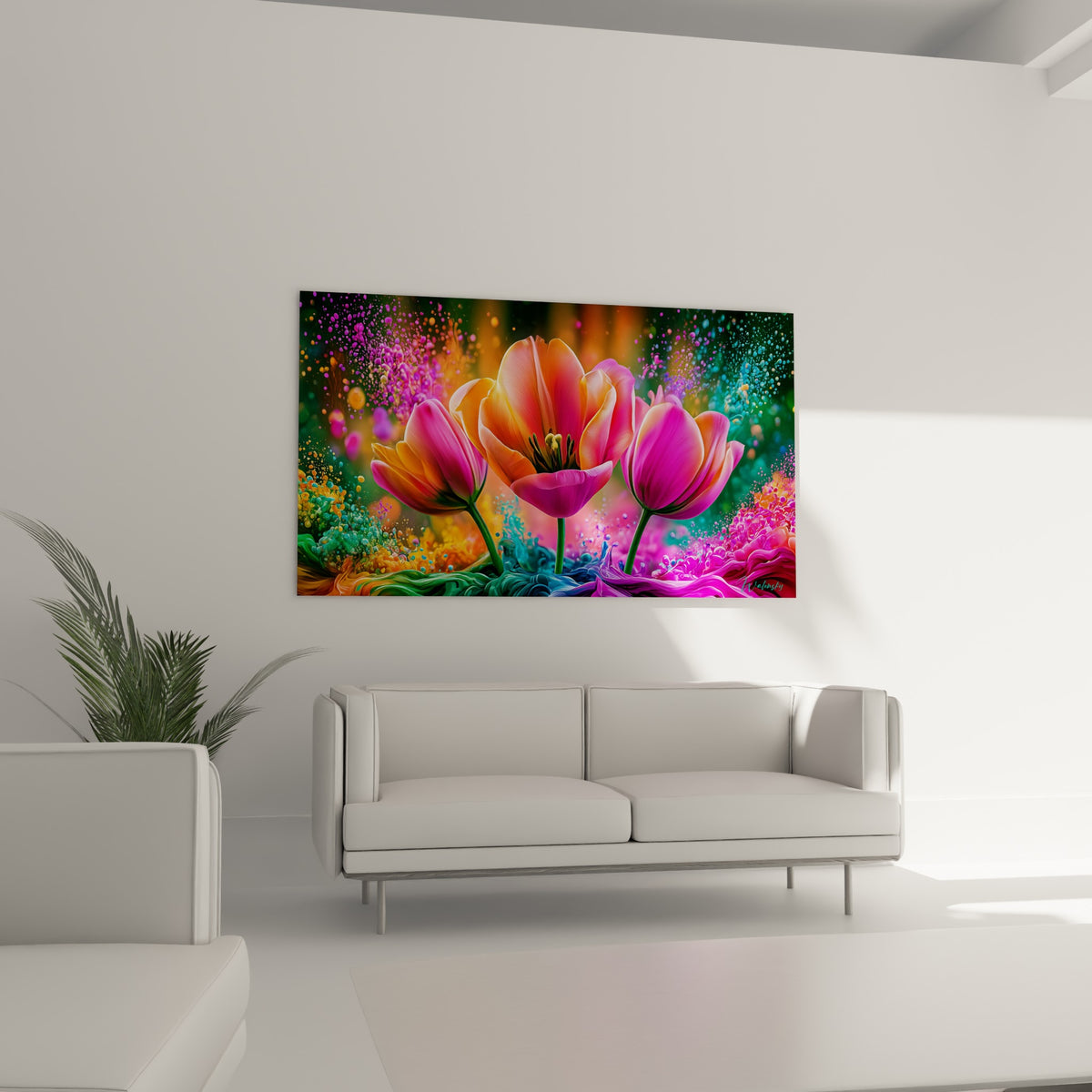 Fleurs de tulipe roses et corail entourées de vagues colorées, disposées au-dessus d'un canapé dans un salon lumineux