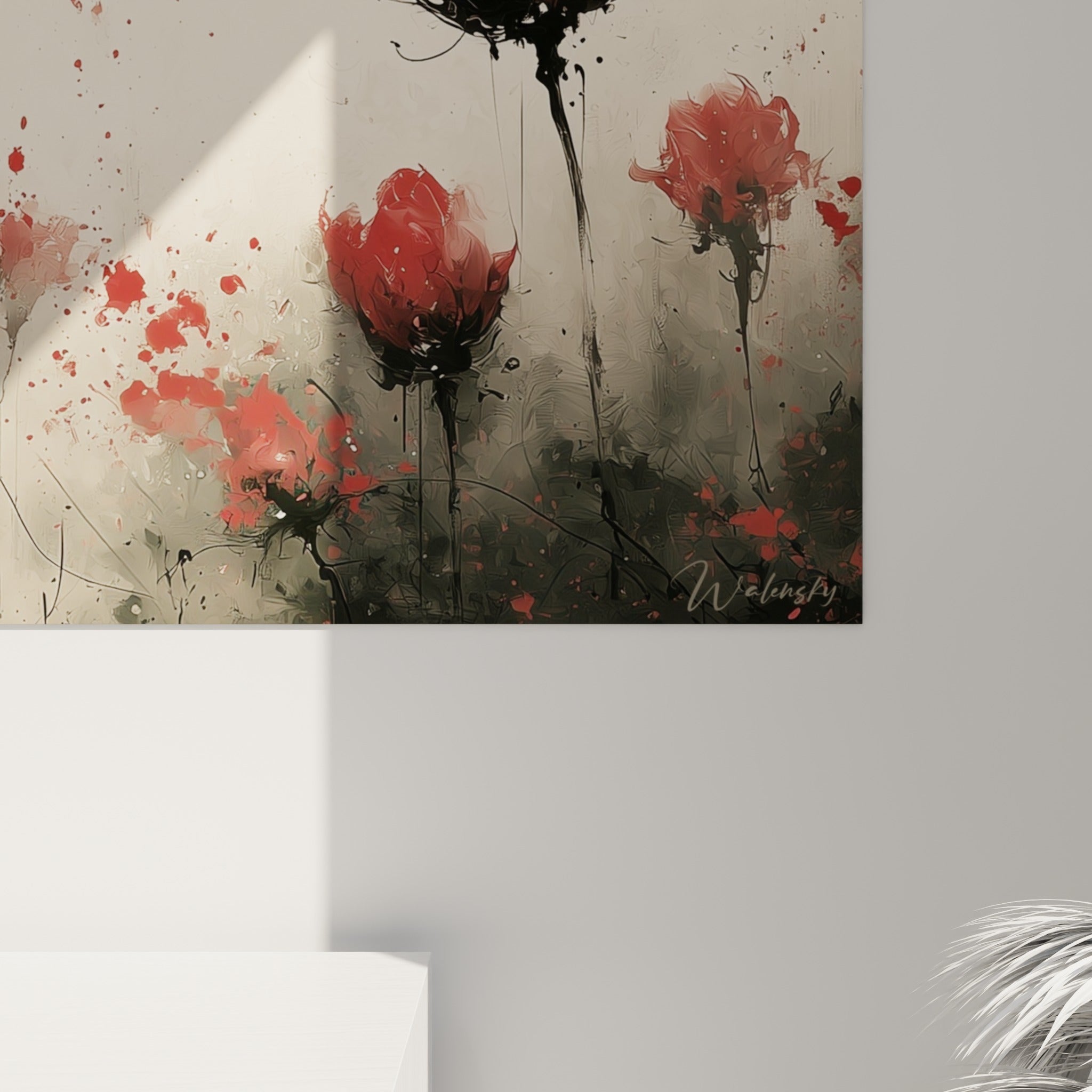 Matière picturale visible sur les pétales rouge sombre et les coulures noires nerveuses de ce tableau tulipe