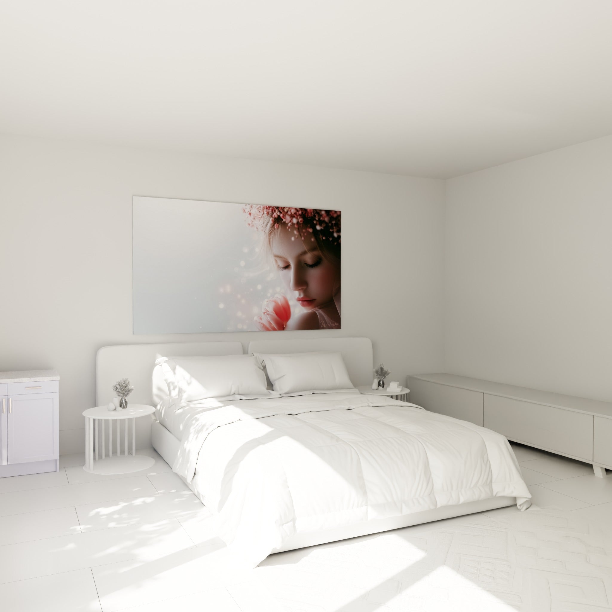Jeune femme à la couronne fleurie rose tenant une tulipe, au-dessus d'un lit dans une chambre claire.
