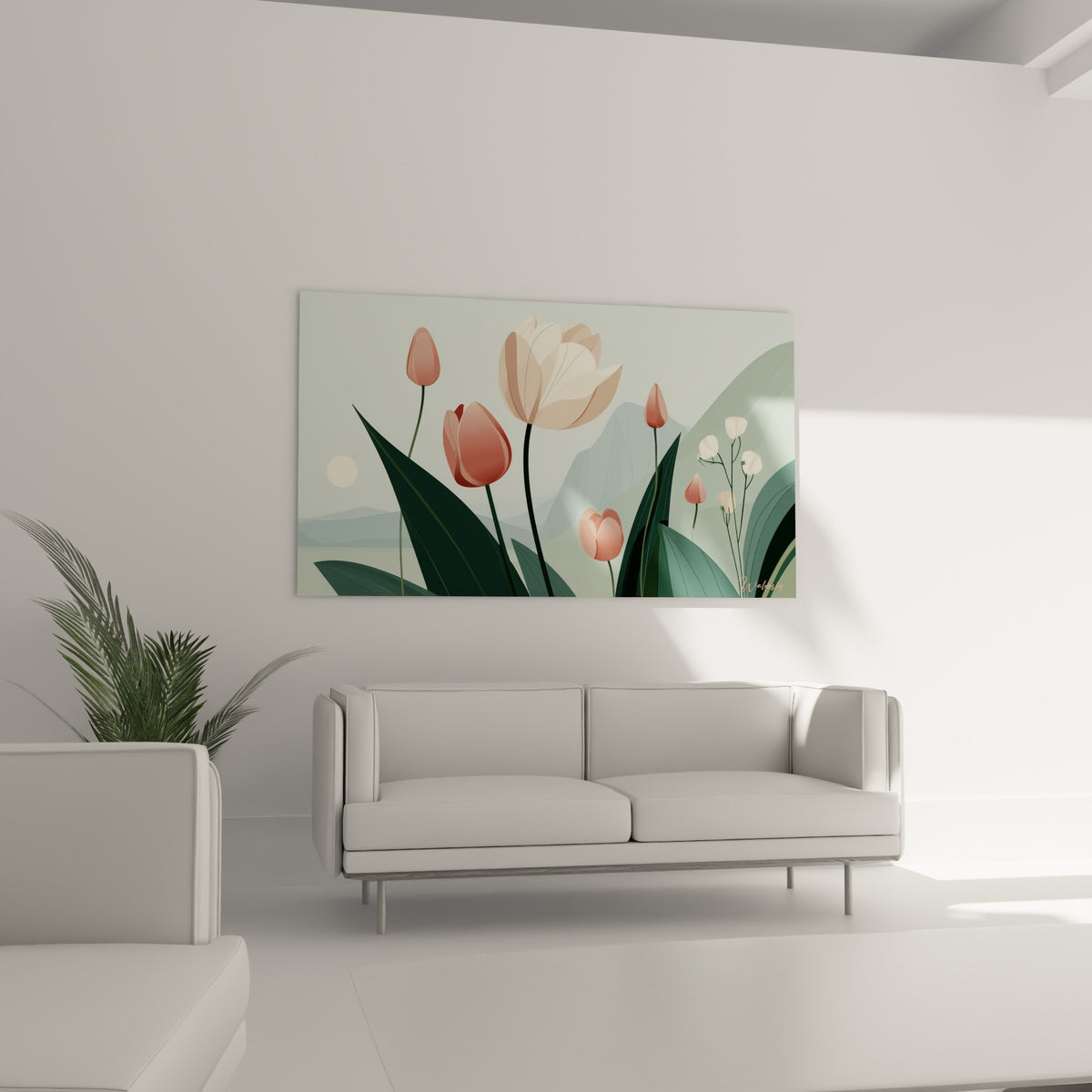 Fleurs de tulipe rose poudré et feuilles vert foncé, disposées au-dessus d'un canapé dans un salon lumineux