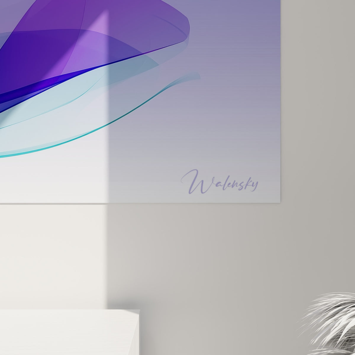Détail des textures translucides violettes et turquoise révélant les nuances superposées de la tulipe imprimée