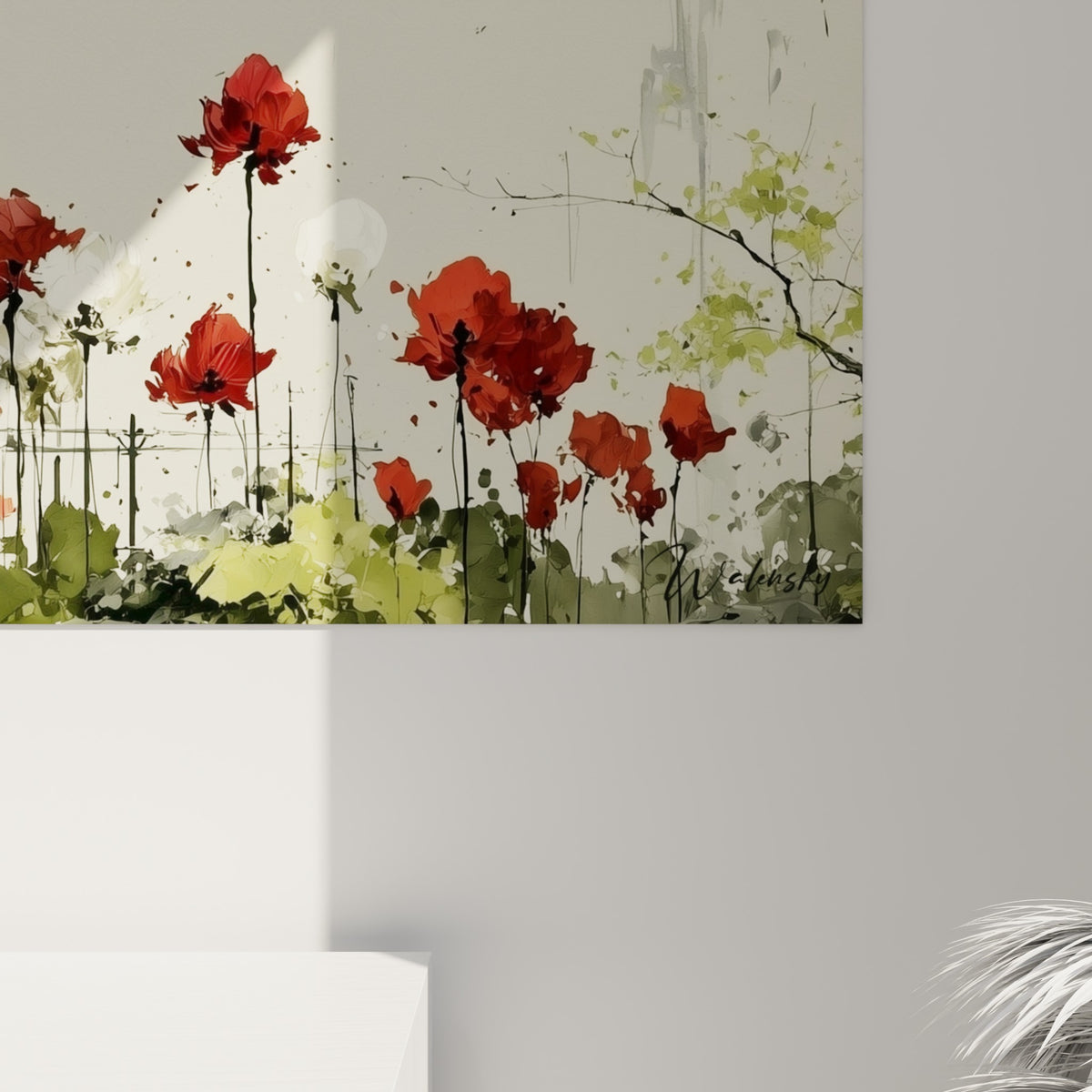 Détail des pétales rouges et blancs de la tulipe, empâtements et coulures sur fond gris anthracite