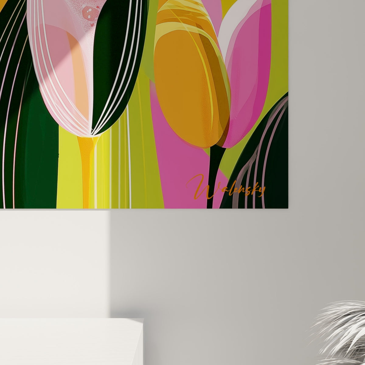 Détail des tulipes roses et vertes, traits fins et pointillés clairs visibles sur la toile imprimée