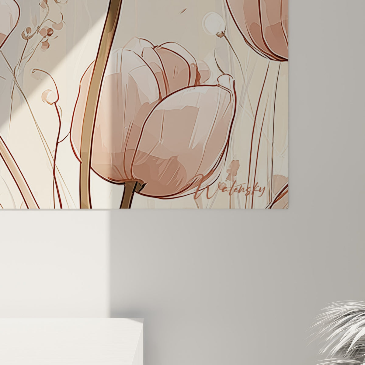 Détail des pétales roses veinés de brun, traits fins à l'encre et fond beige texturé